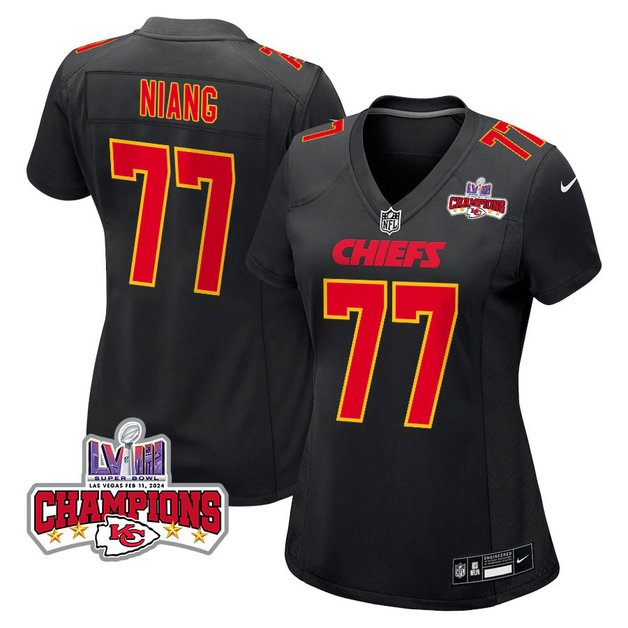 Lucas Niang 77 Kansas City Chiefs Super Bowl LVIII Champions 4 Stars Patch Fashion Game Carbon Black NFL Jersey Women's