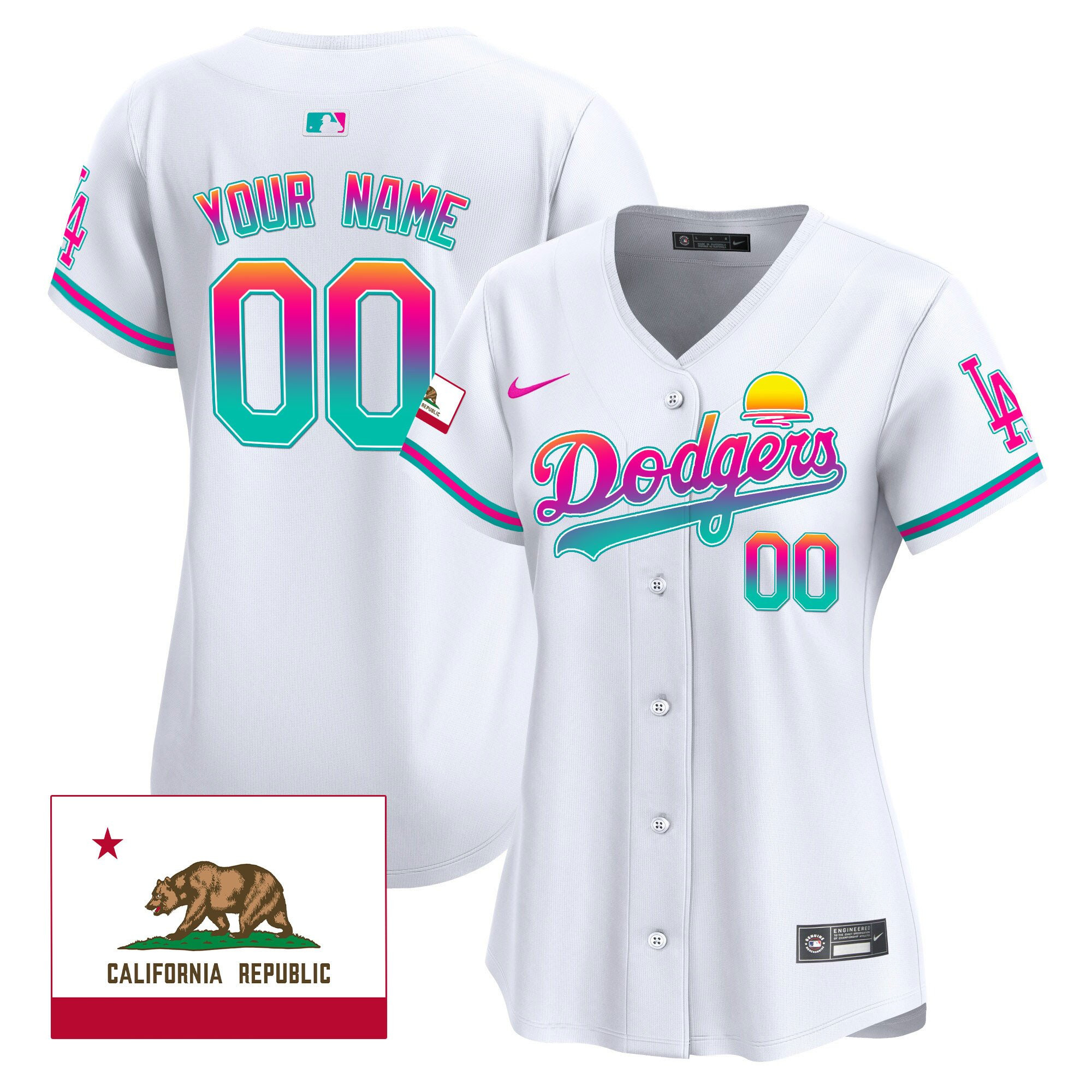 Los Angeles Dodgers 2024 Los Angeles City Style California Republic Patch Custom White MLB Jersey Women's