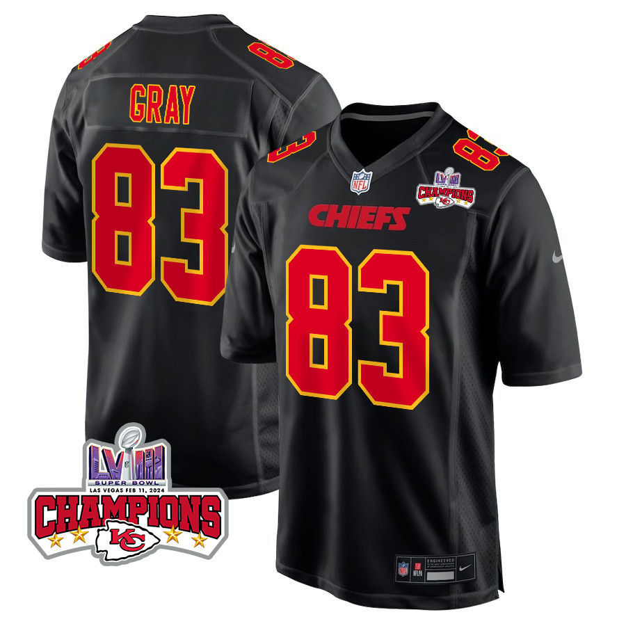 Noah Gray 83 Kansas City Chiefs Super Bowl LVIII Champions 4 Stars Patch Fashion Game Carbon Black NFL Jersey Men's