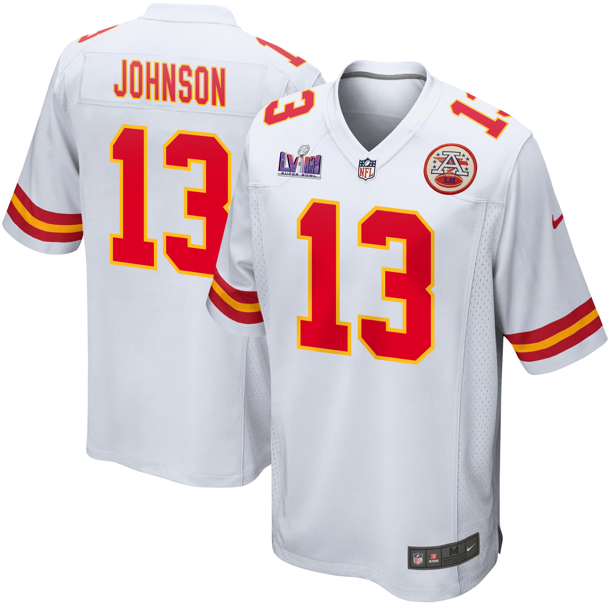 Nazeeh Johnson 13 Kansas City Chiefs Super Bowl LVIII Patch Game White NFL Jersey Men's