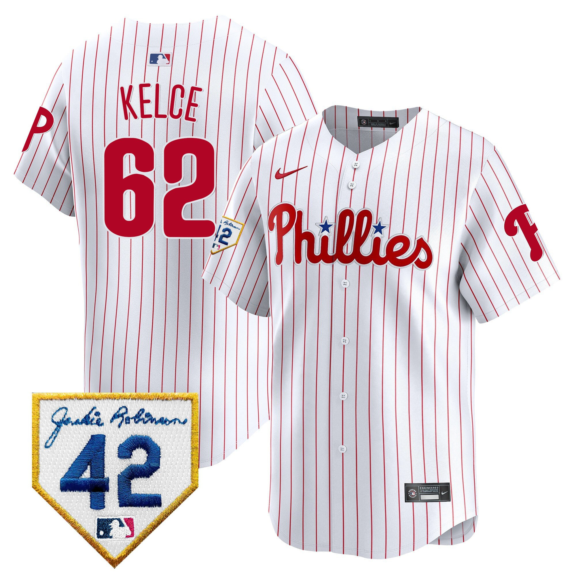 Jason Kelce 62 Philadelphia Phillies 2024 Jackie Robinson Patch White MLB Jersey Men's
