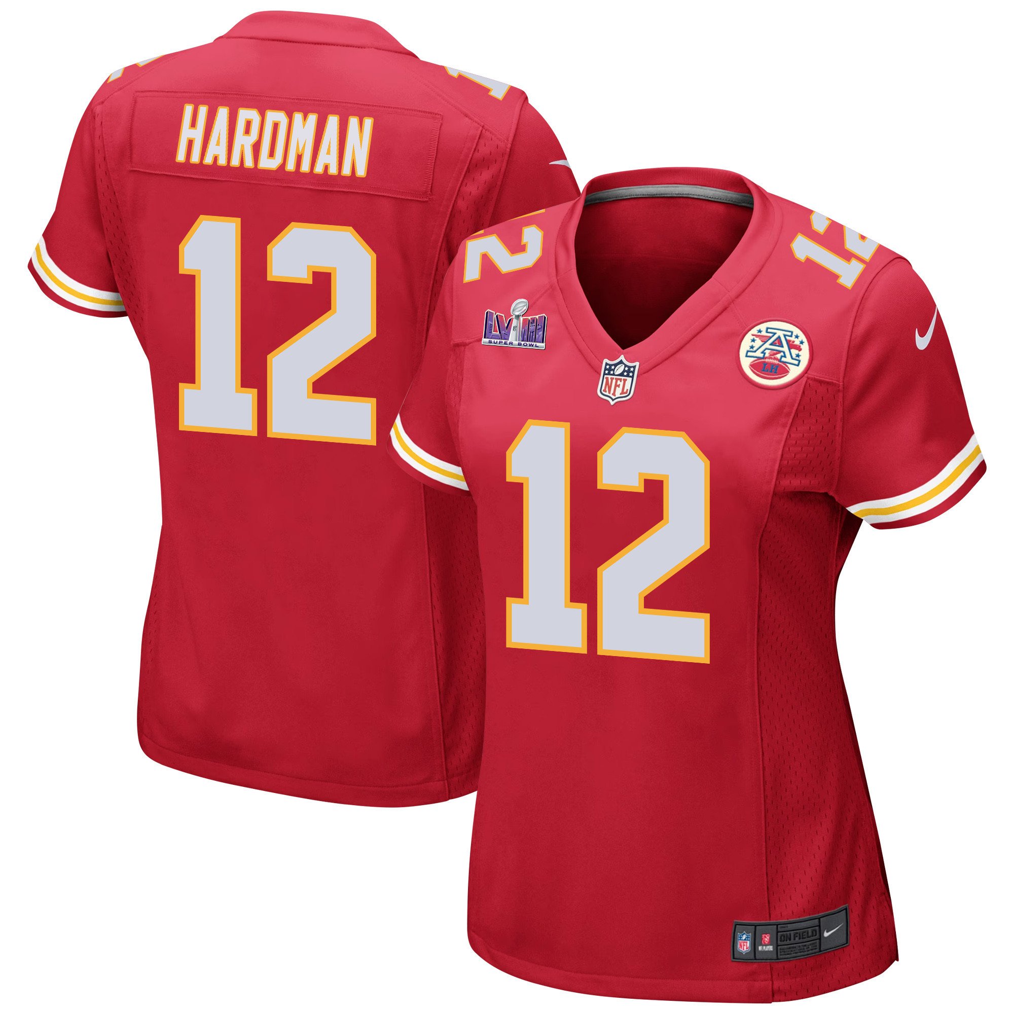 Mecole Hardman 12 Kansas City Chiefs Super Bowl LVIII Patch Game Red NFL Jersey Women's