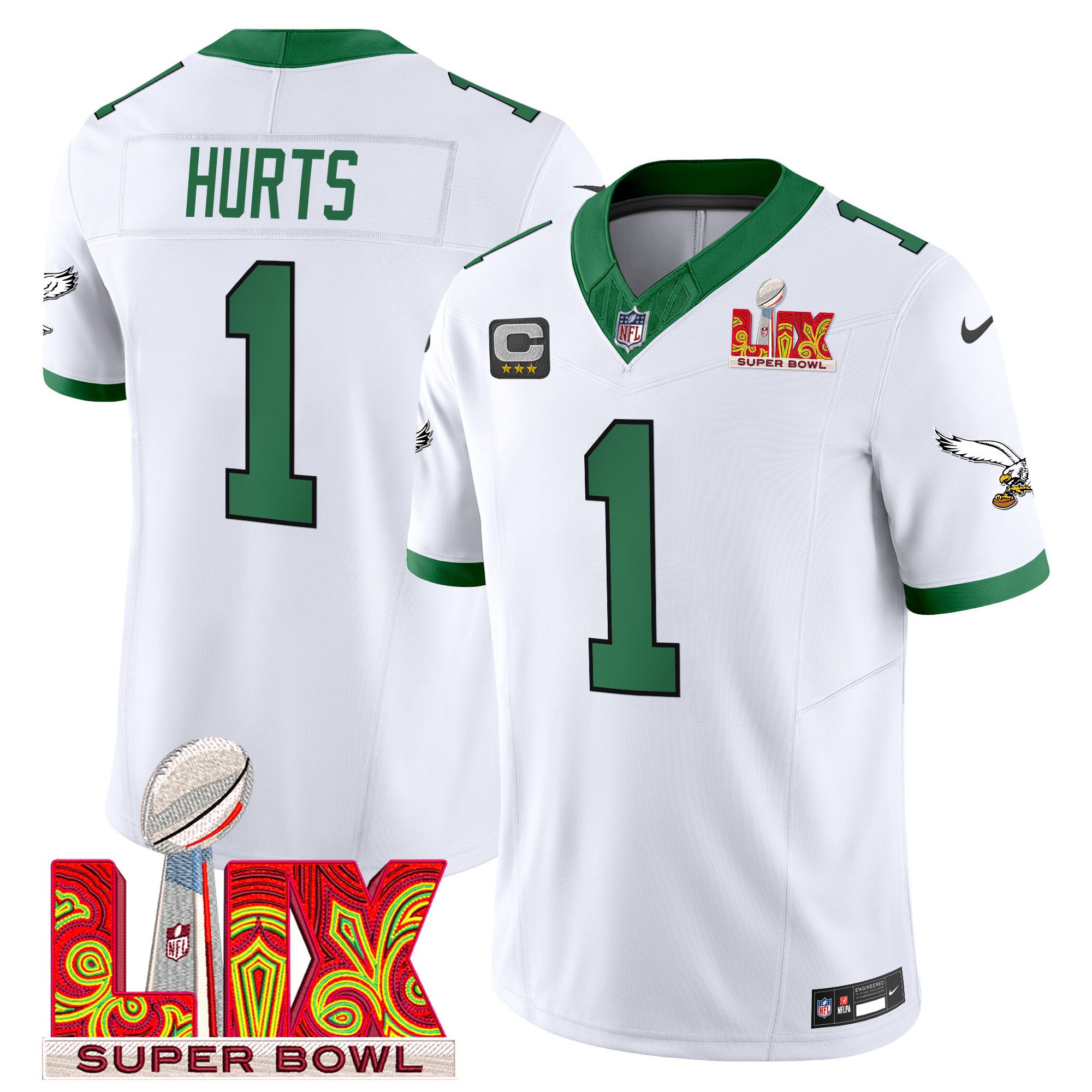 Jalen Hurts 1 Philadelphia Eagles Kelly Green Super Bowl Champions LIX Patch Vapor Limited White NFL Jersey Men's
