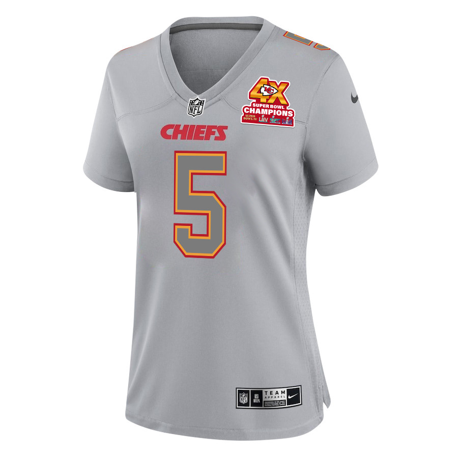 Tommy Townsend 5 Kansas City Chiefs Super Bowl LVIII Champions 4X Atmosphere Fashion Game Gray NFL Jersey Women's