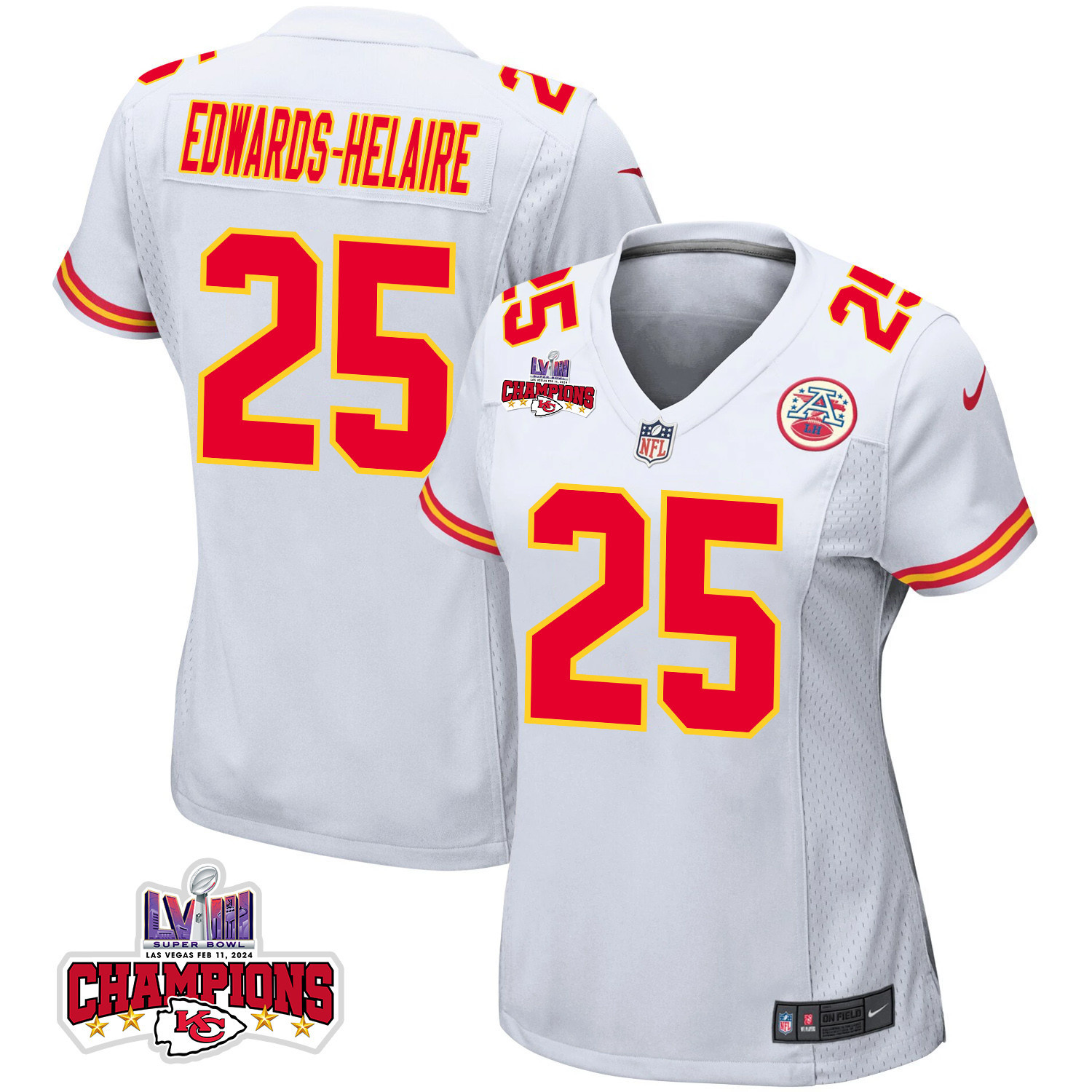 Clyde Edwards-Helaire 25 Kansas City Chiefs Super Bowl LVIII Champions 4 Stars Patch Game White NFL Jersey Women's