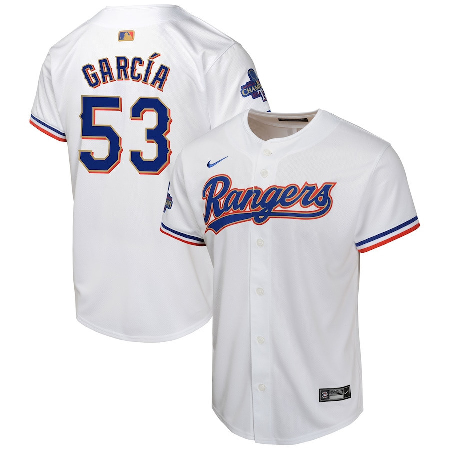 Adolis Garcia 53 Texas Rangers 2024 Gold Collection Limited White MLB Jersey Youth