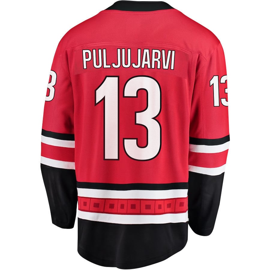 Jesse Puljujarvi 13 Carolina Hurricanes Stanley Cup 2023 Playoffs Patch Home Breakaway Red NHL Jersey Men's