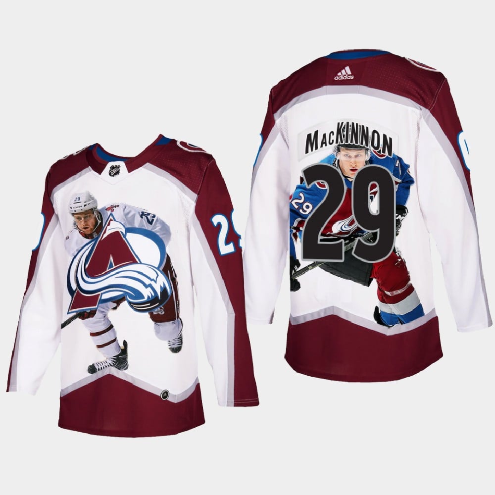 Colorado Avalanche 29 Nathan MacKinnon Stanley Cup Playoffs White Equipment Fashion NHL Jersey Men's