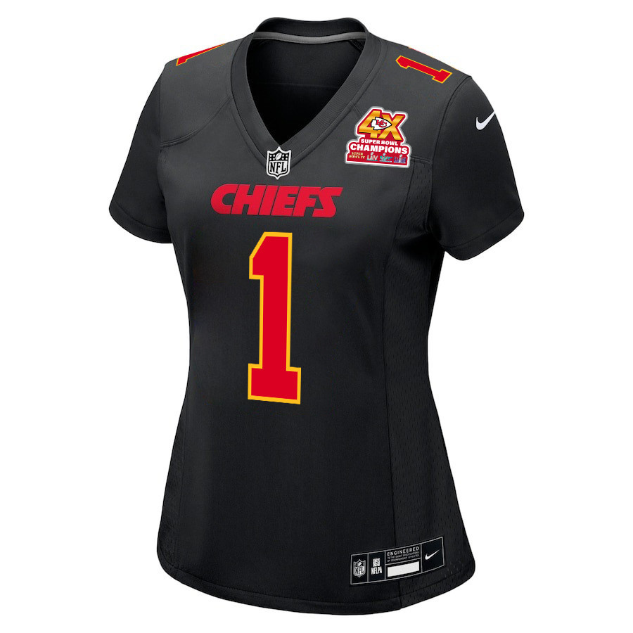 Jerick McKinnon 1 Kansas City Chiefs Super Bowl LVIII Champions 4X Fashion Game Carbon Black NFL Jersey Women's