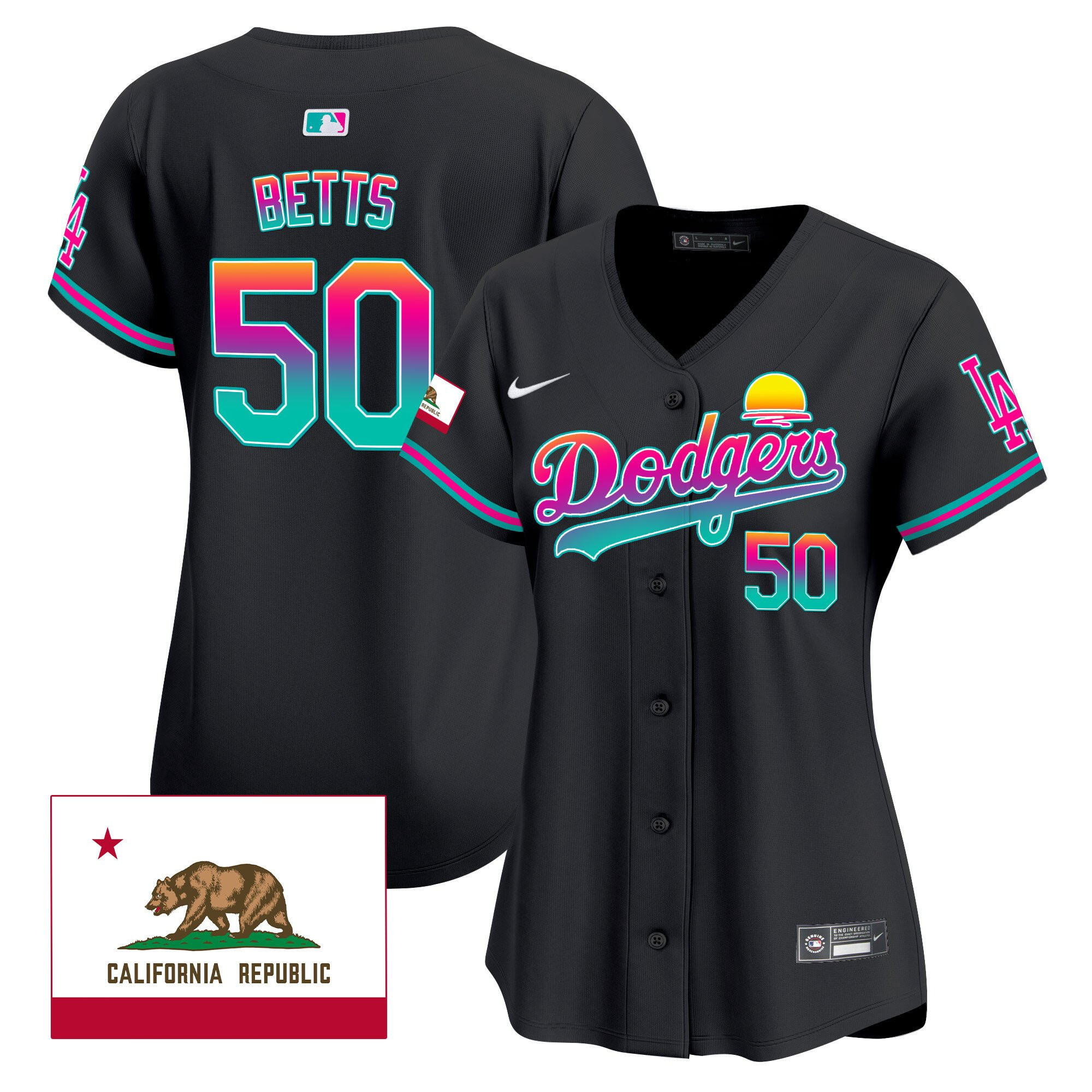 Mookie Betts 50 Los Angeles Dodgers 2024 Los Angeles City Style California Republic Patch Black MLB Jersey Women's