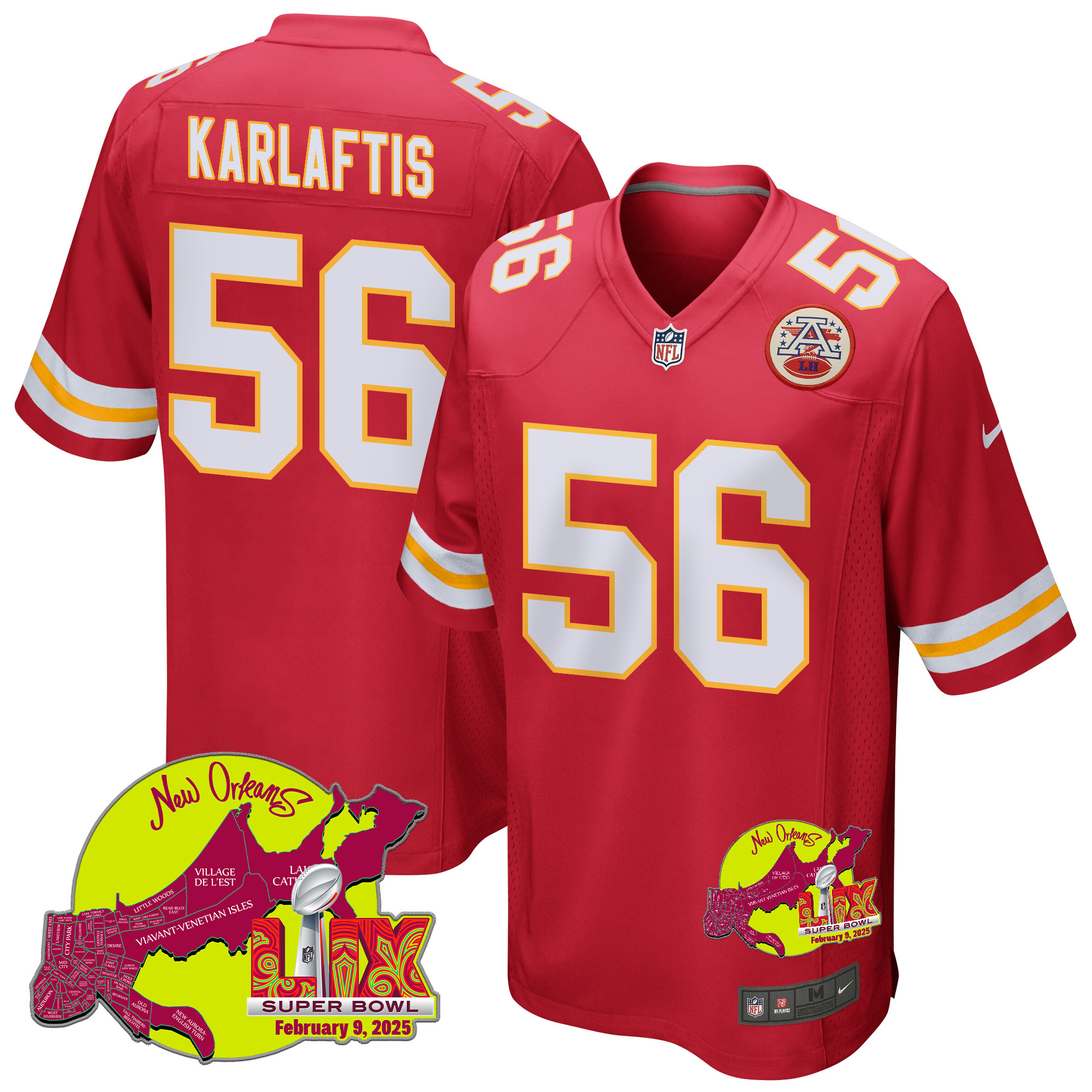 George Karlaftis 56 Kansas City Chiefs Super Bowl LIX New Orleans Patch Game Red NFL Jersey Men's