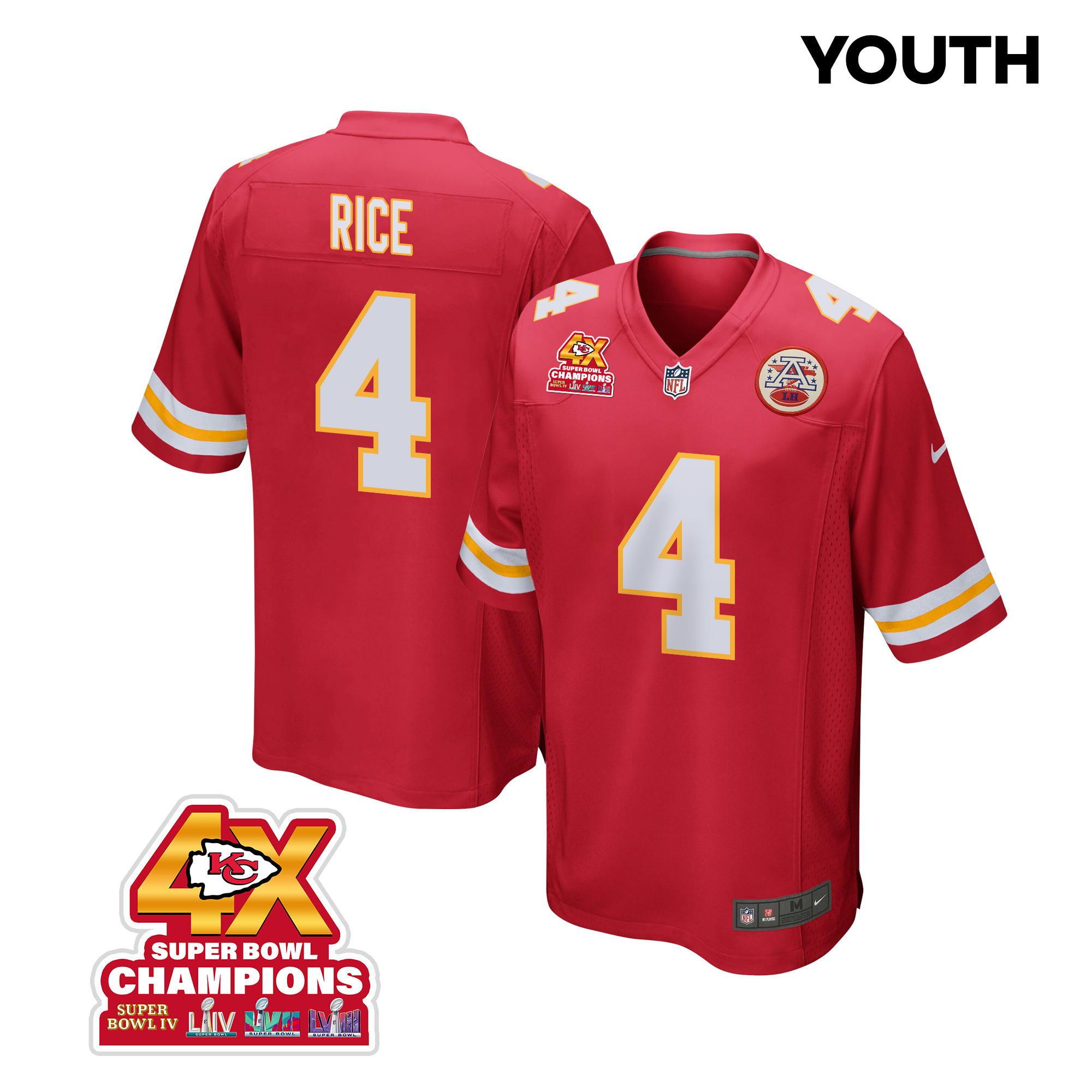Rashee Rice 4 Kansas City Chiefs Super Bowl LVIII Champions 4X Game Red NFL Jersey Youth