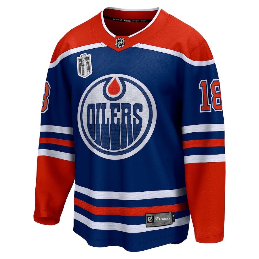 Zach Hyman 18 Edmonton Oilers 2024 Stanley Cup Final Home Breakaway Player Royal NHL Jersey Men's