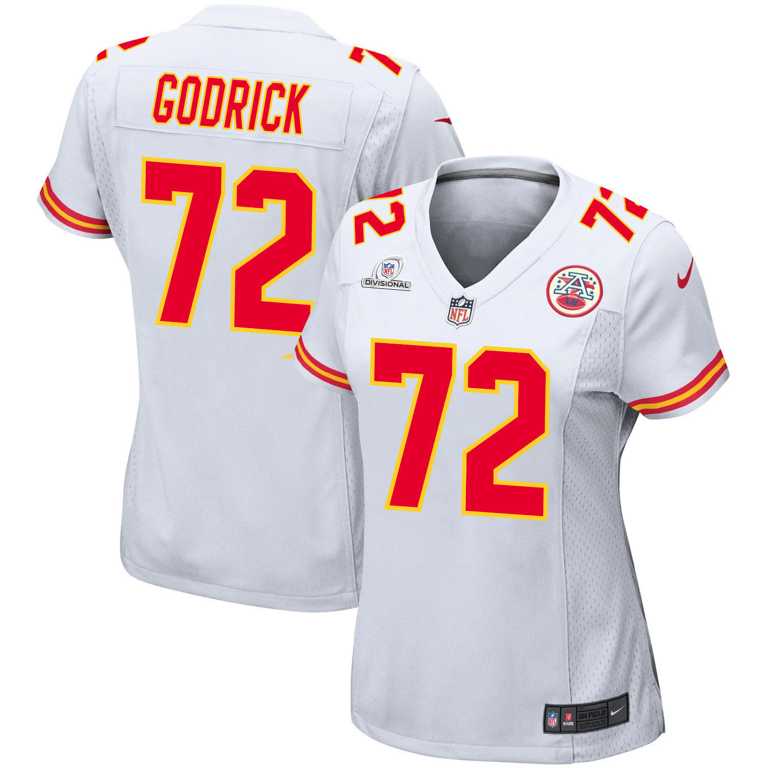 Chukwuebuka Godrick 72 Kansas City Chiefs Super Bowl LVIII Patch Game White NFL Jersey Women's