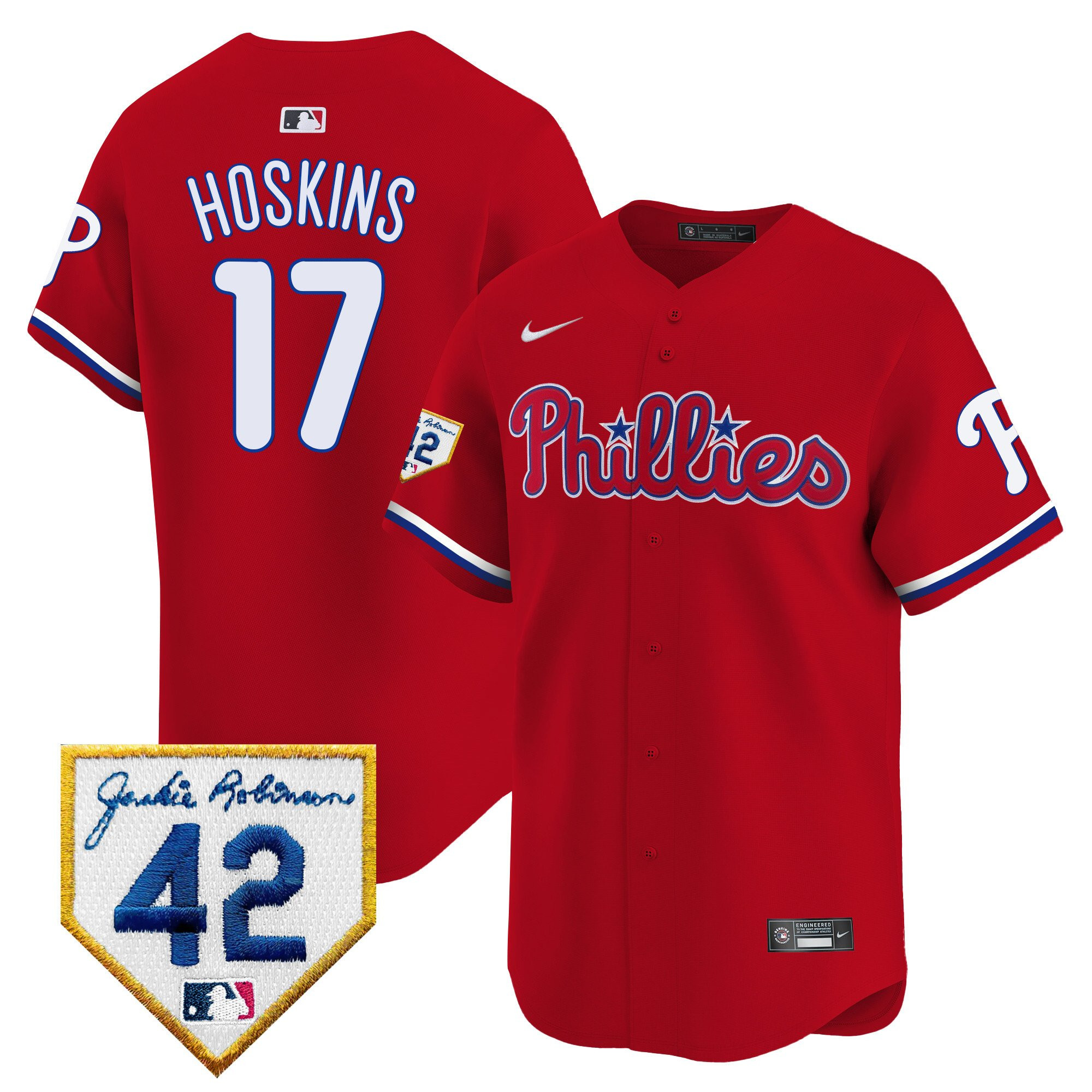 Rhys Hoskins 17 Philadelphia Phillies 2024 Jackie Robinson Patch Red MLB Jersey Men's