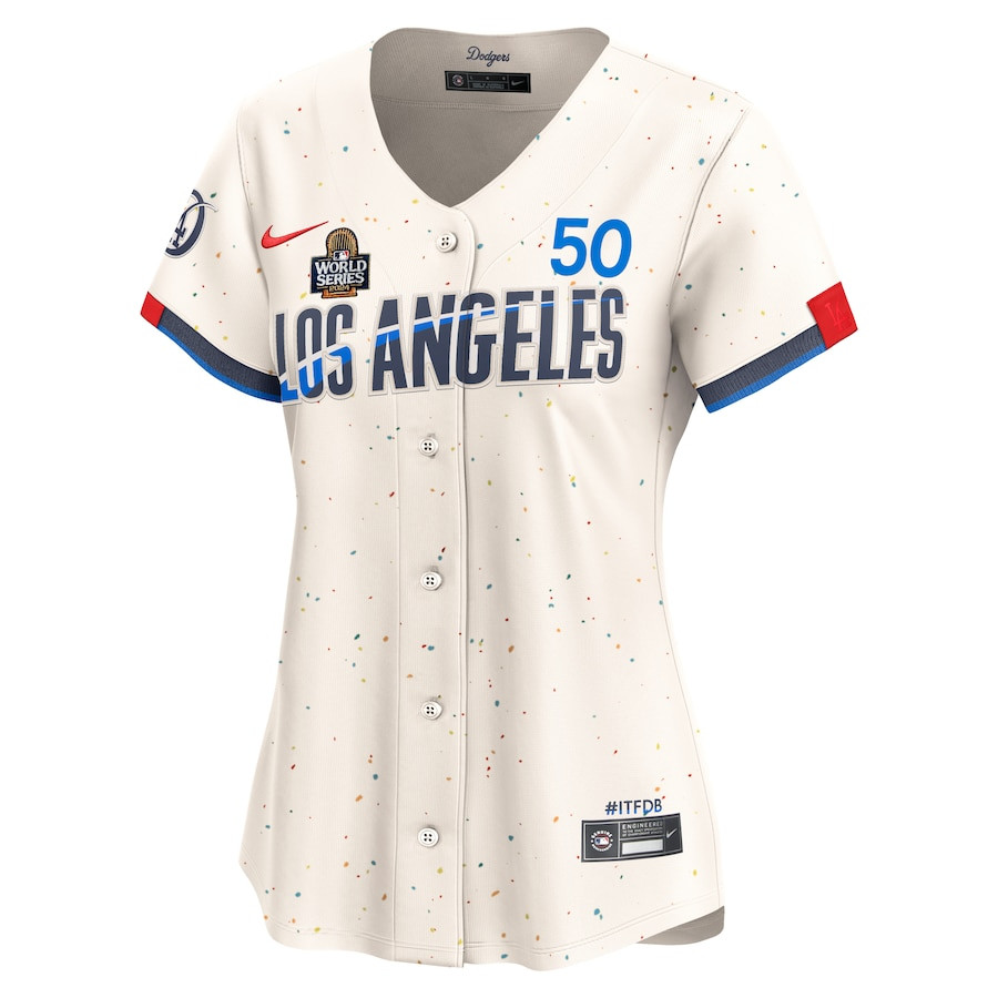 Mookie Betts 50 Los Angeles Dodgers 2024 World Series Champions City Connect Limited Player Cream MLB Jersey Women's