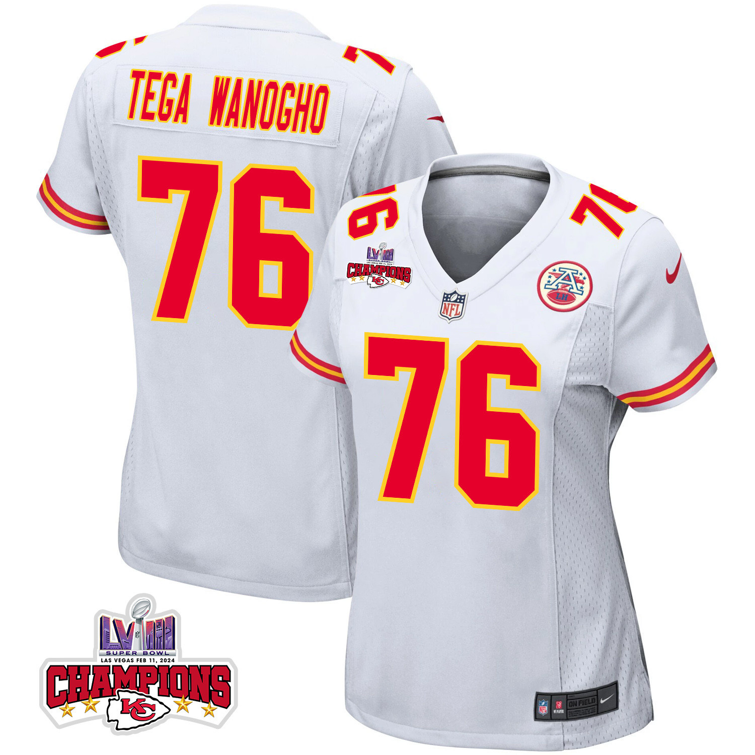 Prince Tega Wanogho 76 Kansas City Chiefs Super Bowl LVIII Champions 4 Stars Patch Game White NFL Jersey Women's