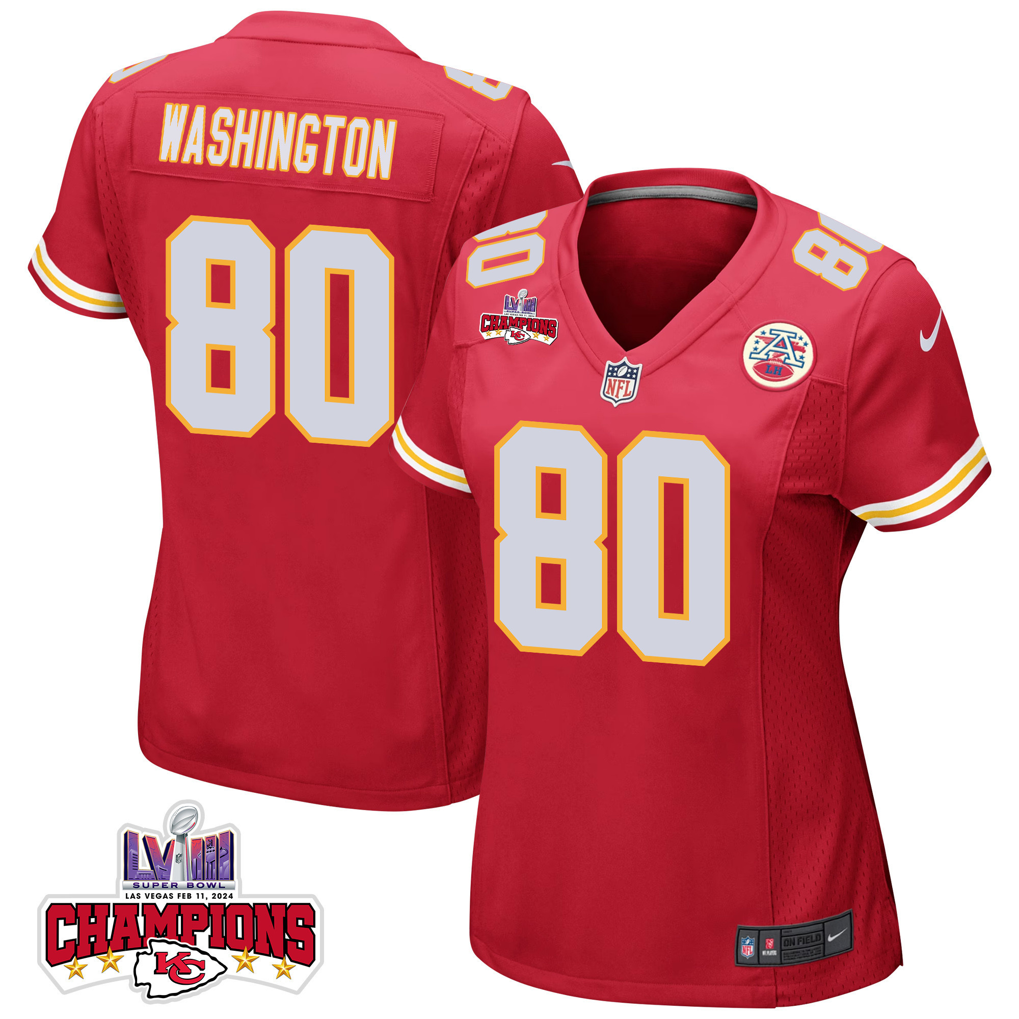 Montrell Washington 80 Kansas City Chiefs Super Bowl LVIII Champions 4 Stars Patch Game Red NFL Jersey Women's