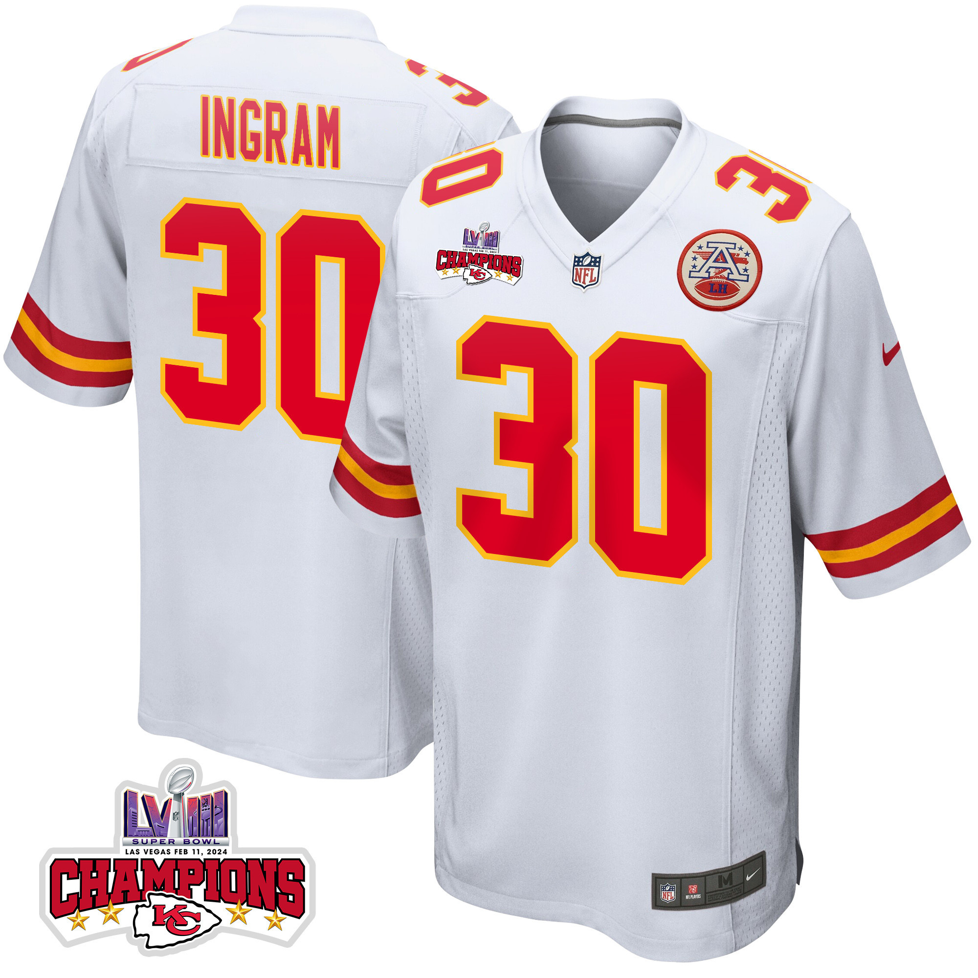 Keaontay Ingram 30 Kansas City Chiefs Super Bowl LVIII Champions 4 Stars Patch Game White NFL Jersey Men's