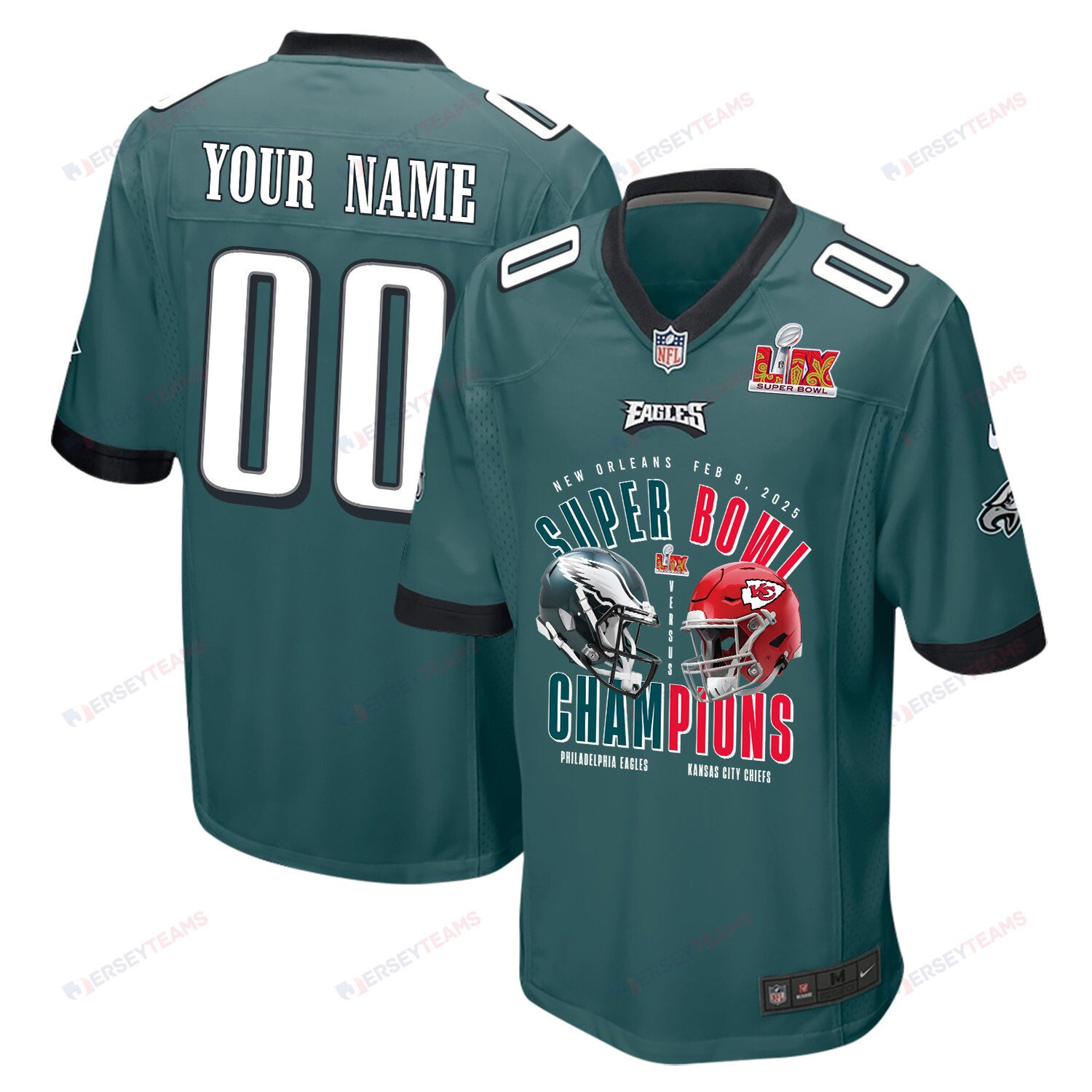 Philadelphia Eagles Vs. Kansas City Chiefs Super Bowl LIX Game Custom Midnight Green NFL Jersey Men's