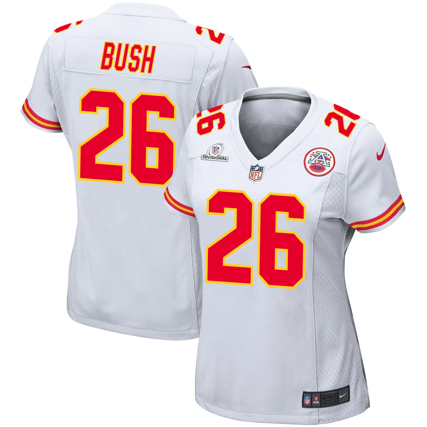 Deon Bush 26 Kansas City Chiefs Super Bowl LVIII Patch Game White NFL Jersey Women's