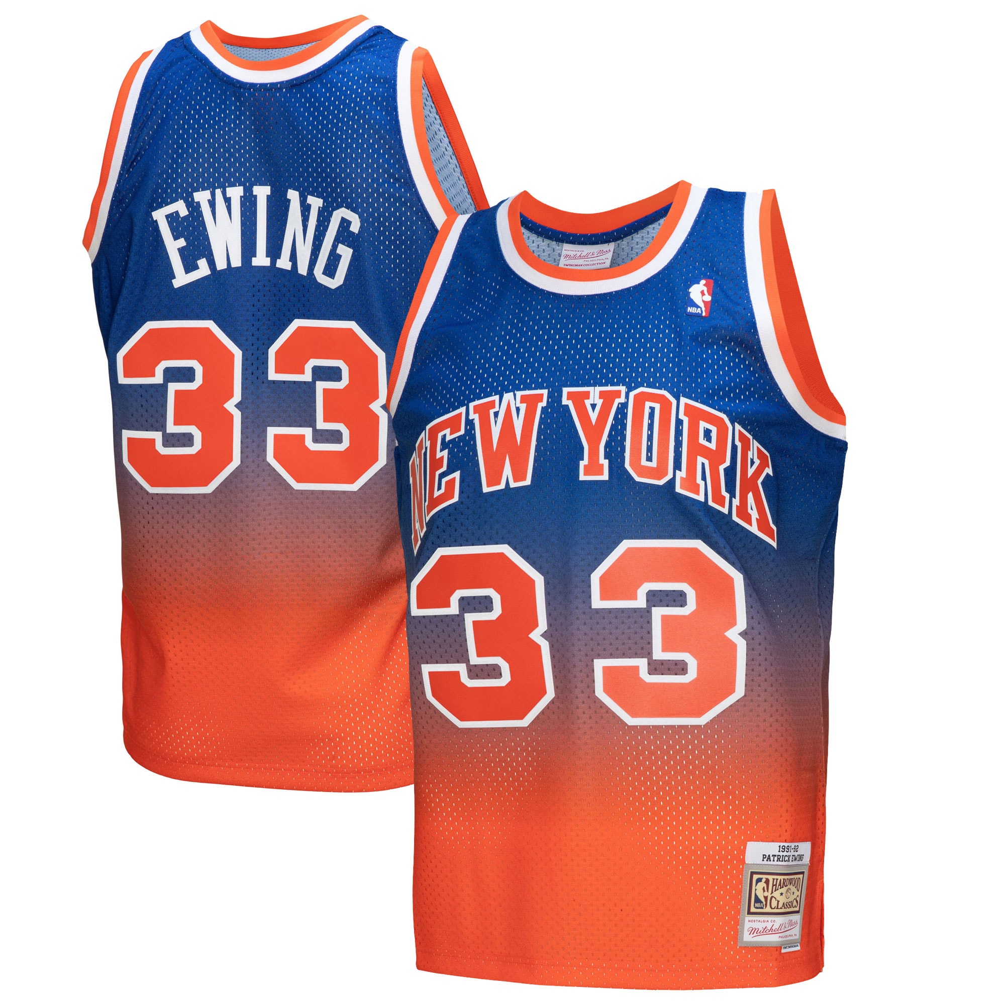 Mitchell Ness Patrick Ewing Orange/Royal New York Knicks 1991/92 Hardwood Classics Fadeaway Swingman Player NBA Jersey Men's