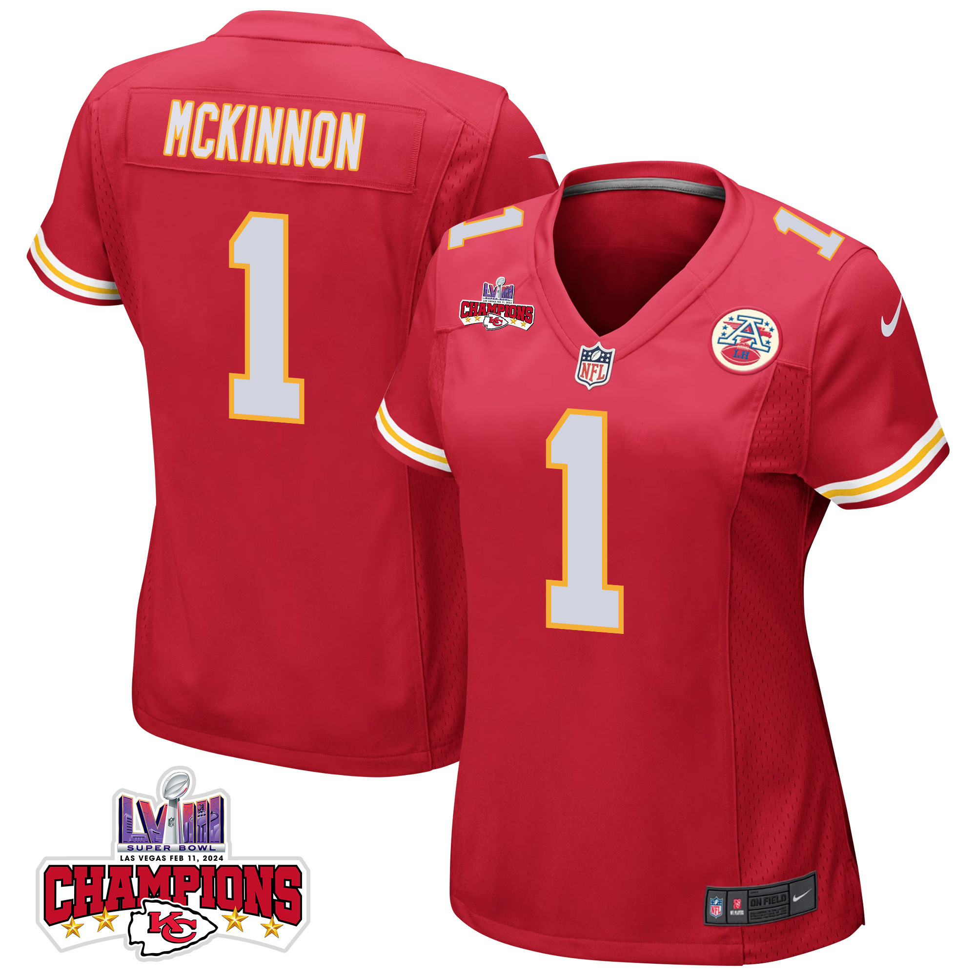 Jerick McKinnon 1 Kansas City Chiefs Super Bowl LVIII Champions 4 Stars Patch Game Red NFL Jersey Women's