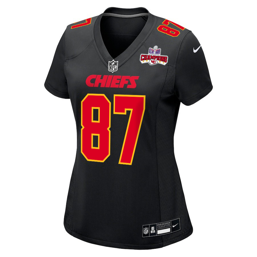 Travis Kelce 87 Kansas City Chiefs Super Bowl LVIII Champions 4 Stars Patch Fashion Game Carbon Black NFL Jersey Women's