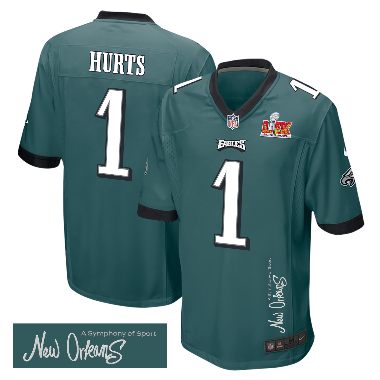 Jalen Hurts 1 Philadelphia Eagles Super Bowl LIX New Orleans A Symphony of Sport' EMBROIDERED Game Midnight Green NFL Jersey Men's