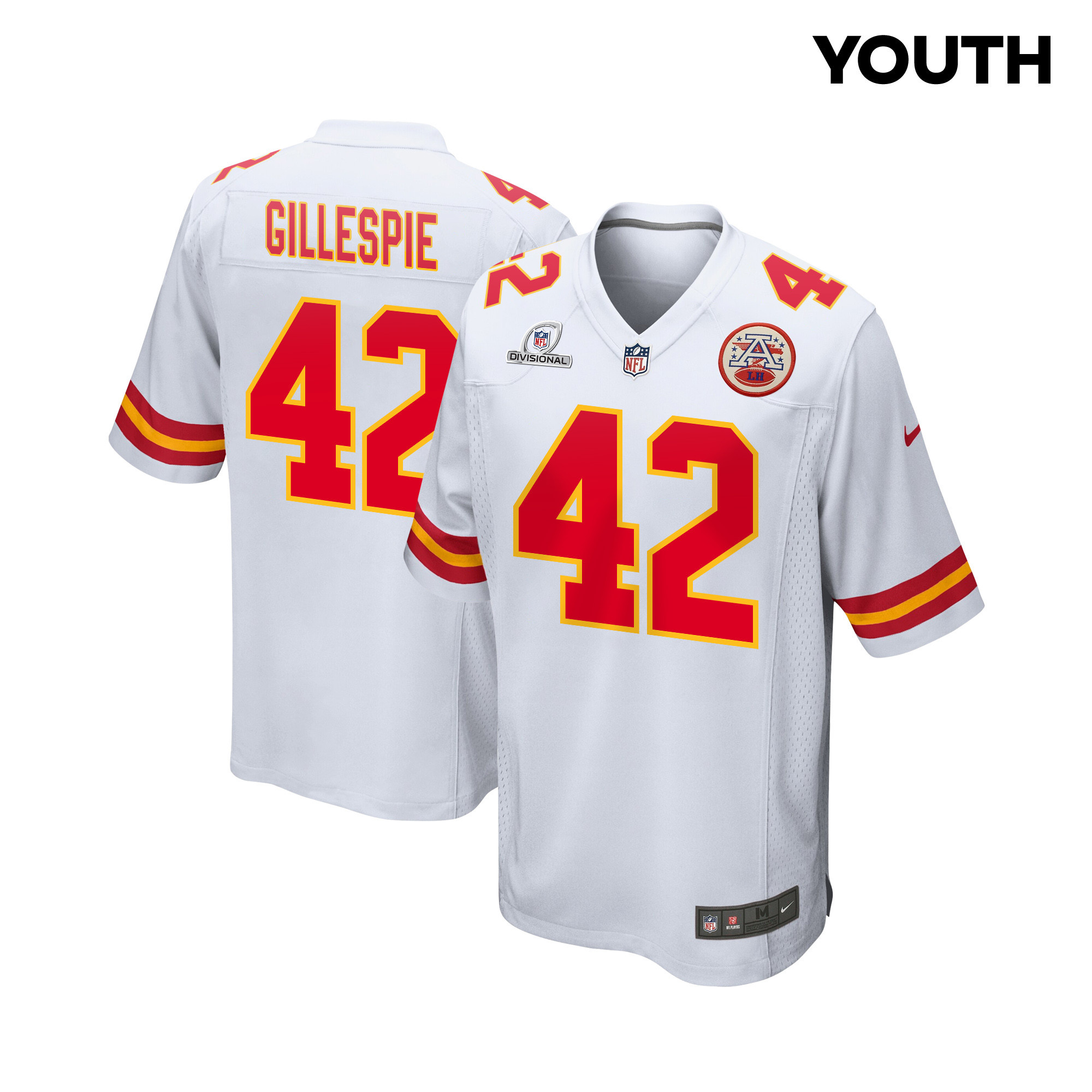 Tyree Gillespie 42 Kansas City Chiefs Super Bowl LVIII Patch Game White NFL Jersey Youth