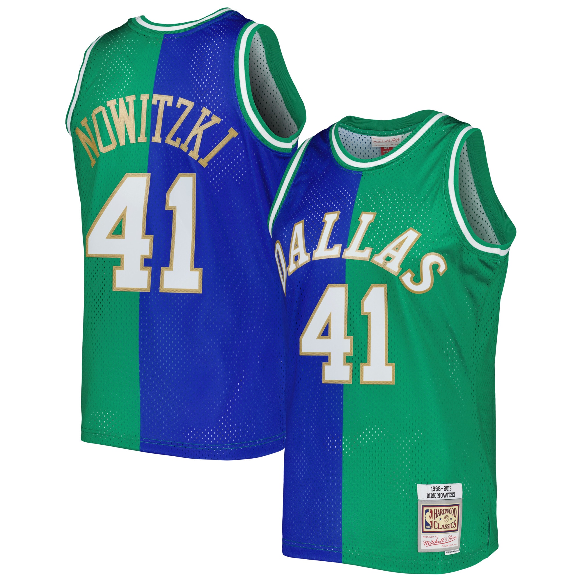 Mitchell Ness Dirk Nowitzki Blue/Green Dallas Mavericks Hardwood Classics 1998/2019 Split Swingman NBA Jersey Men's