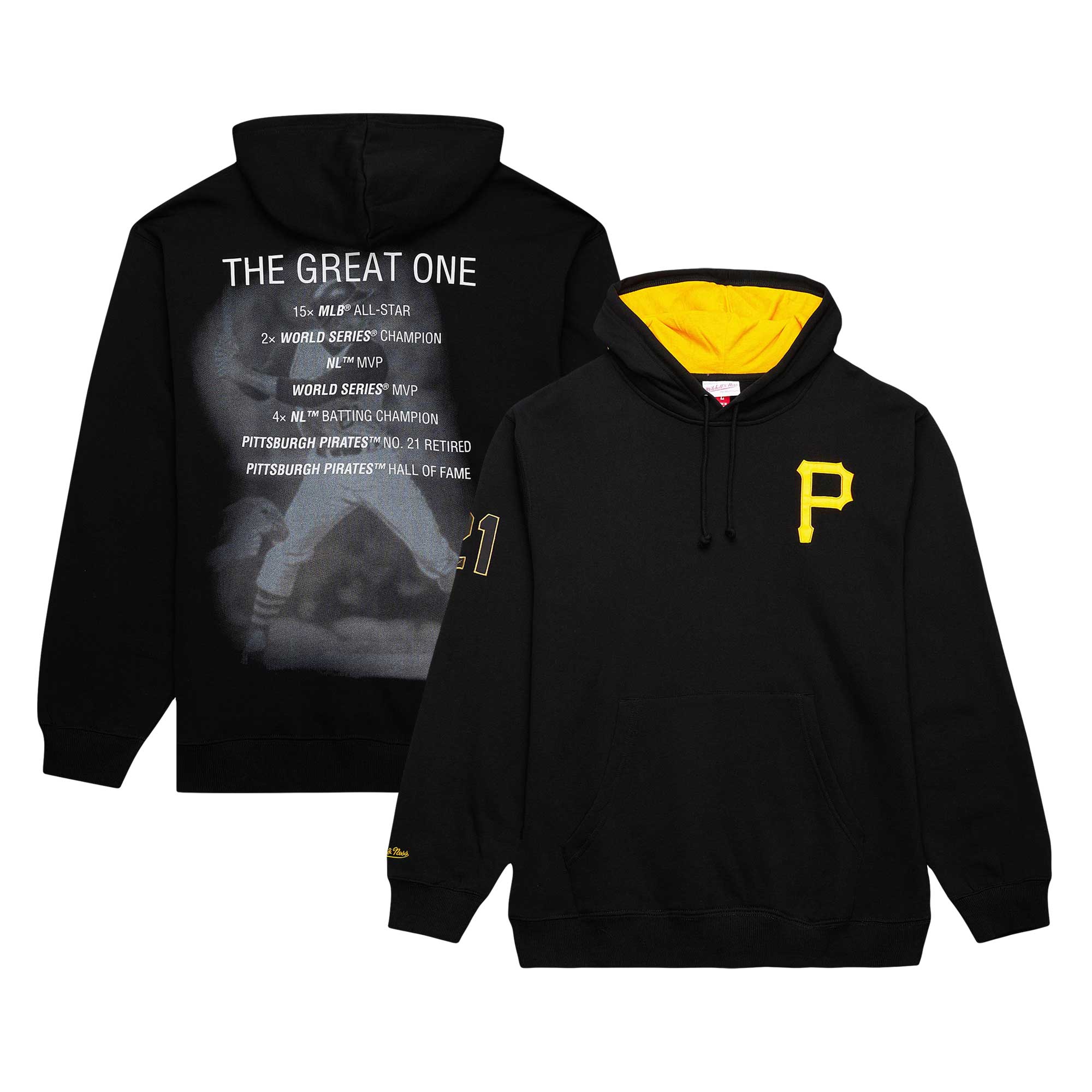 Pittsburgh Pirates Roberto Clemente Mitchell Ness Black Vintage Logo Name Number Pullover Hoodie MLB Jersey Men's