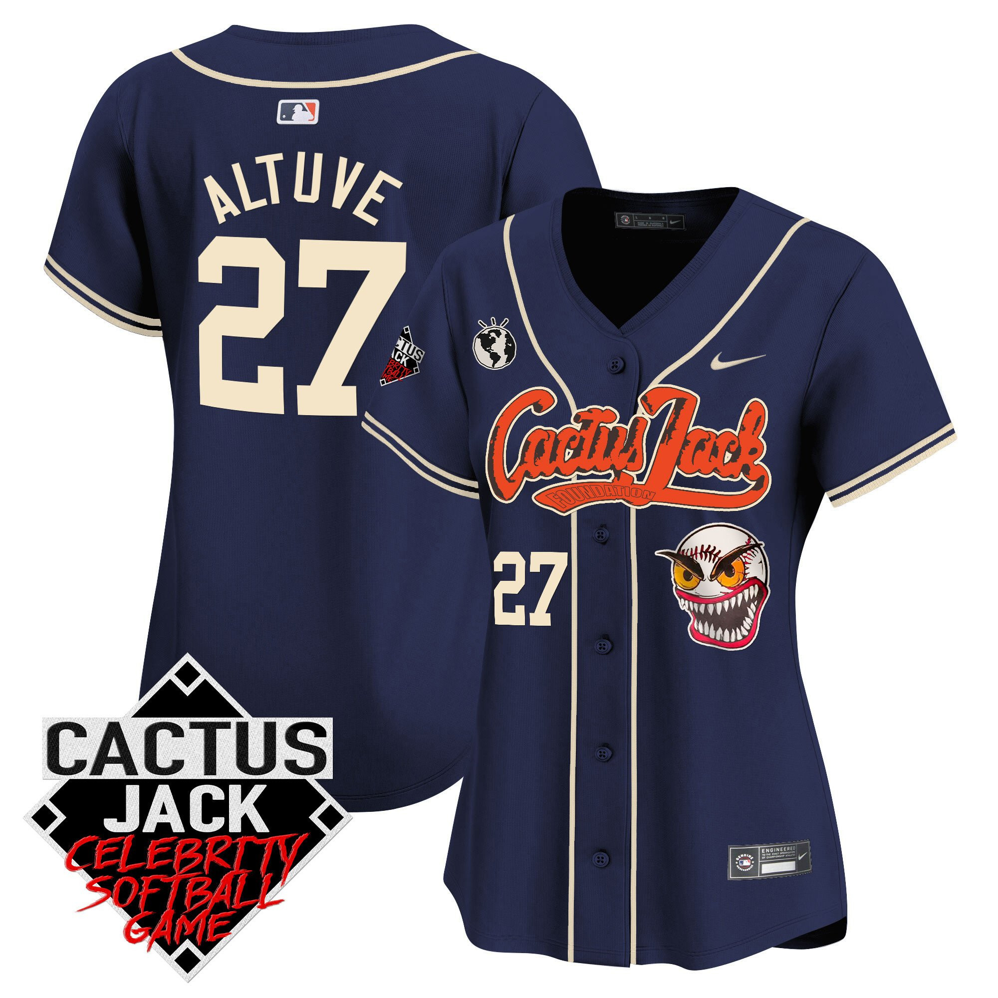 Jose Altuve 27 Houston Astros Cactus Jack Celebrity Softball Game Patch Navy MLB Jersey Women's