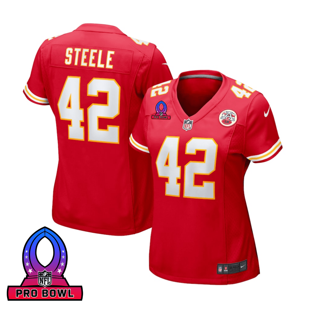 Carson Steele 42 Kansas City Chiefs 2025 Pro Bowl Patch Game Red NFL Jersey Women's