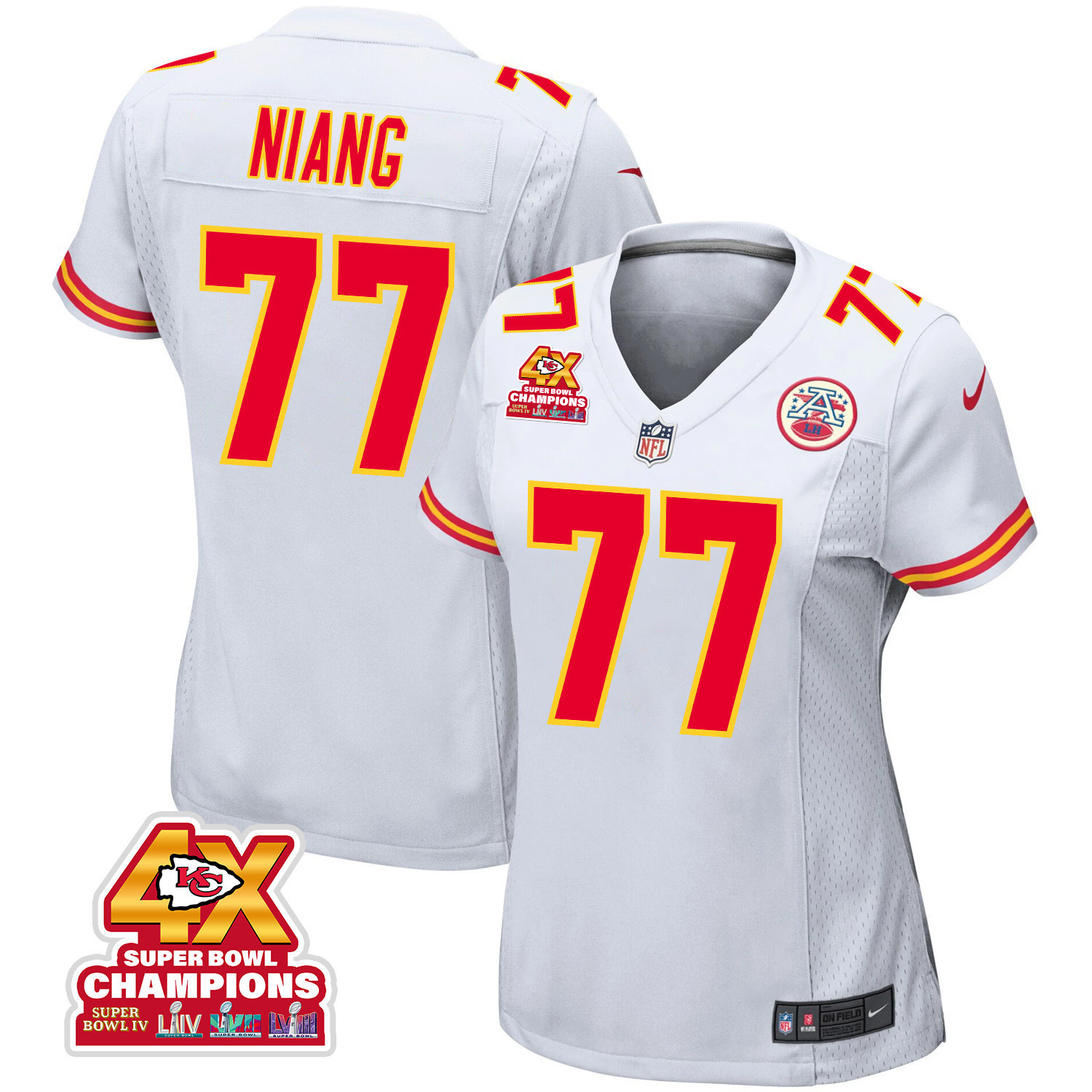Lucas Niang 77 Kansas City Chiefs Super Bowl LVIII Champions 4X Game White NFL Jersey Women's