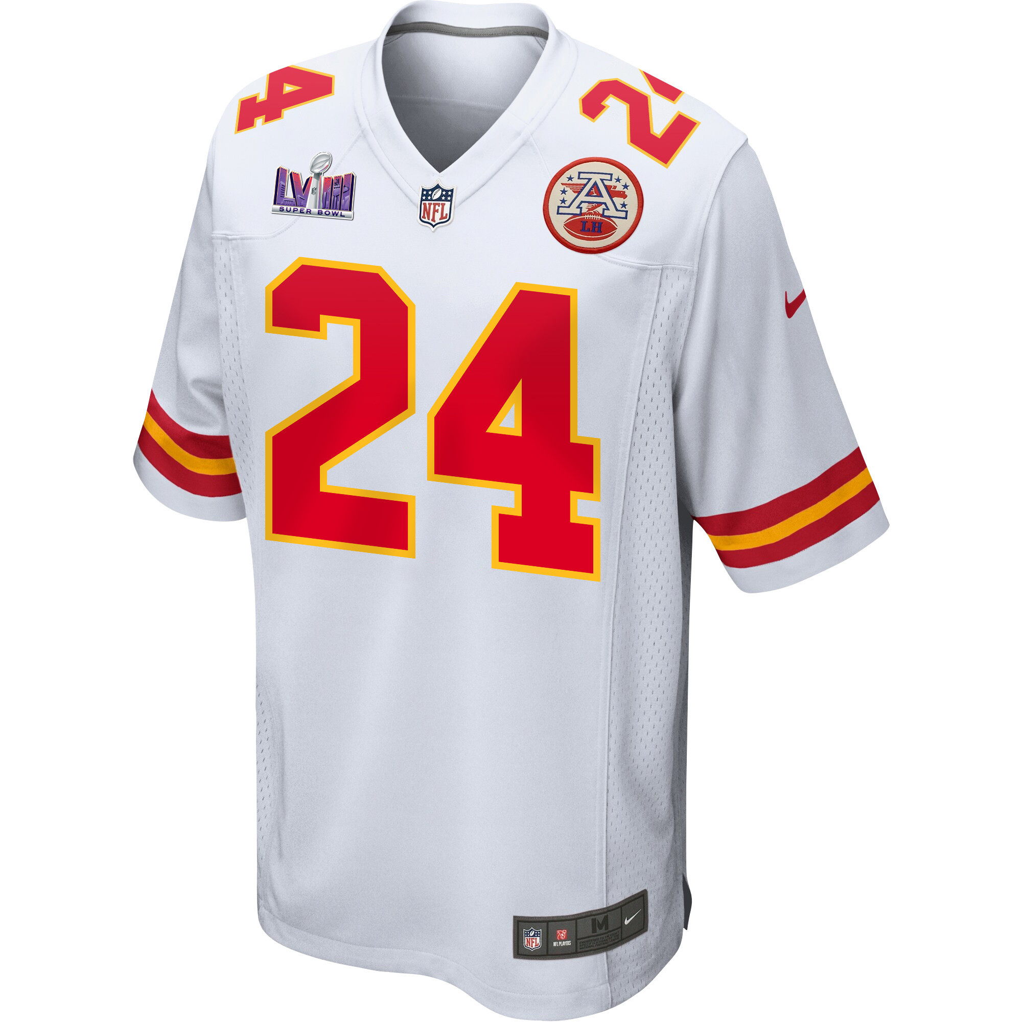 Skyy Moore 24 Kansas City Chiefs Super Bowl LVIII Patch Game White NFL Jersey Men's