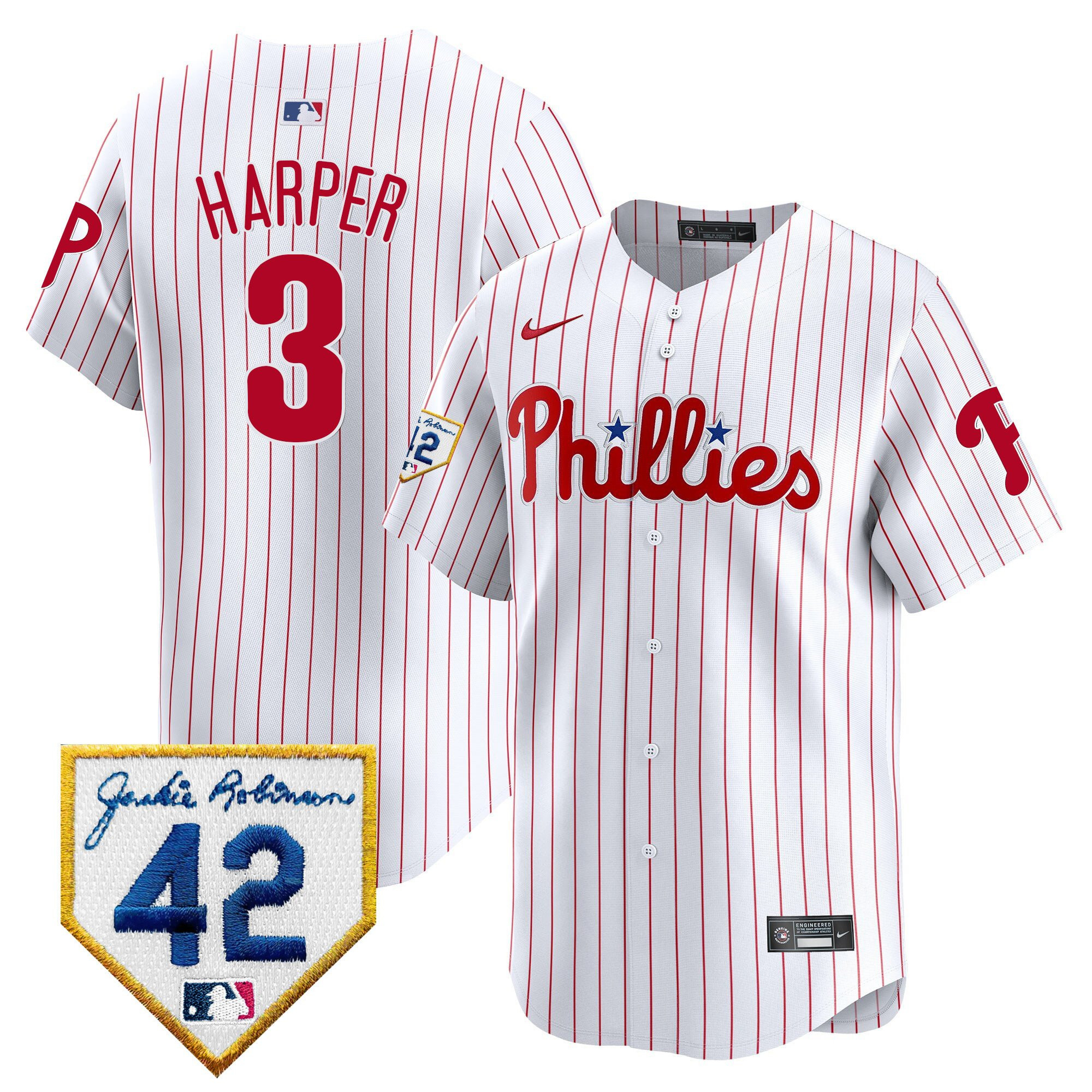 Bryce Harper 3 Philadelphia Phillies 2024 Jackie Robinson Patch White MLB Jersey Men's