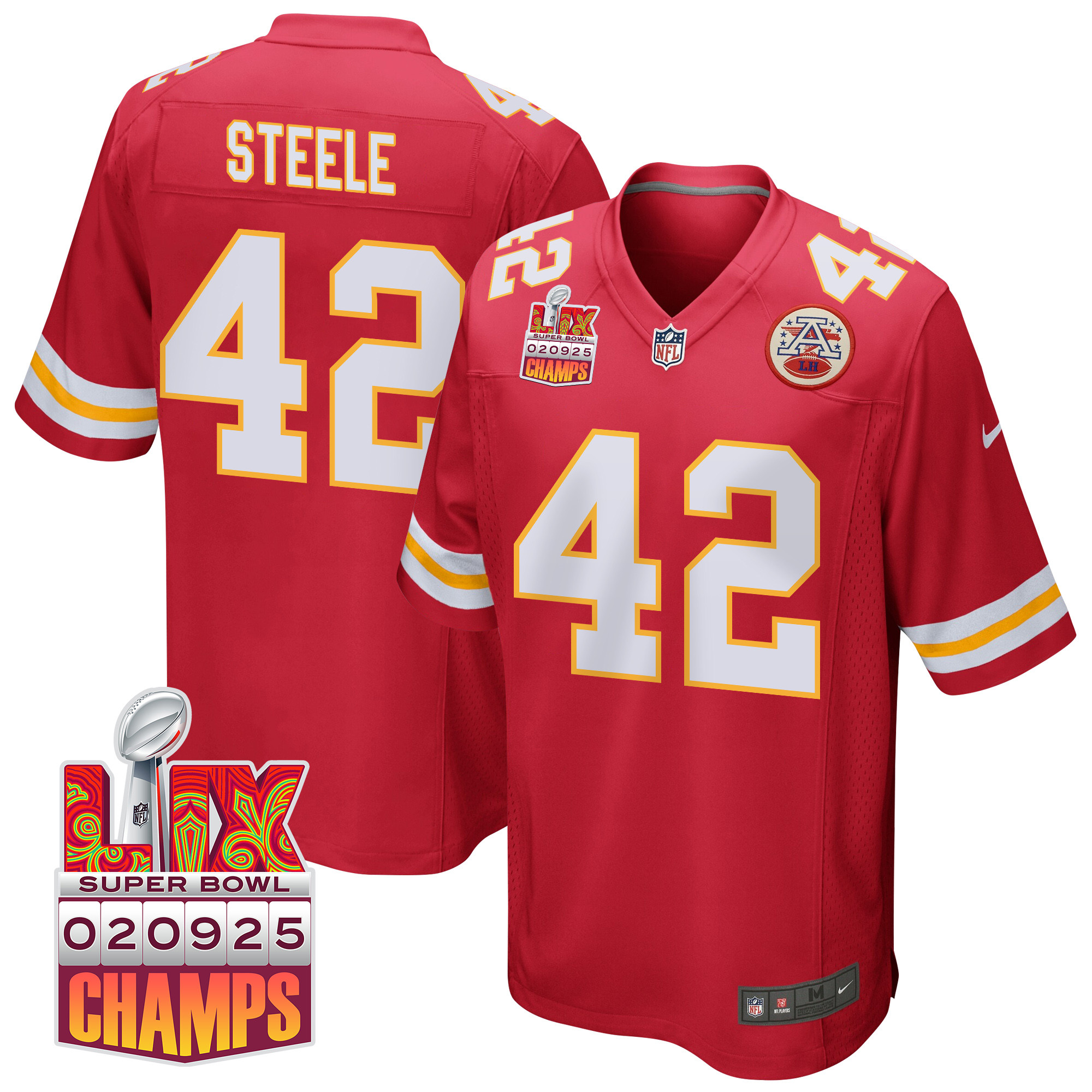 Carson Steele 42 Kansas City Chiefs Super Bowl LIX Champions Patch Game Red NFL Jersey Men's
