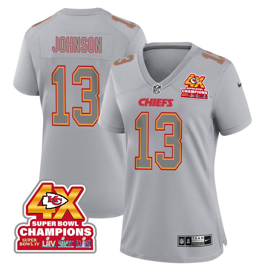 Nazeeh Johnson 13 Kansas City Chiefs Super Bowl LVIII Champions 4X Atmosphere Fashion Game Gray NFL Jersey Women's