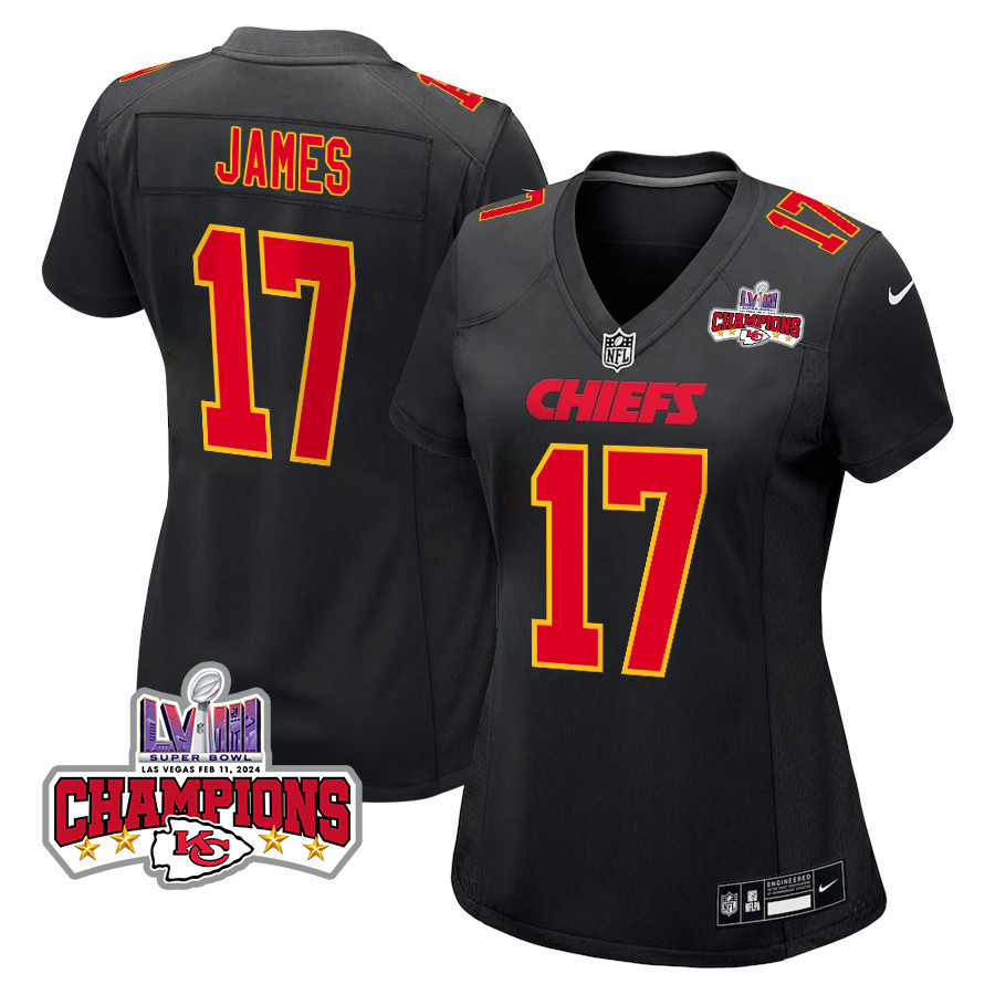 Richie James 17 Kansas City Chiefs Super Bowl LVIII Champions 4 Stars Patch Fashion Game Carbon Black NFL Jersey Women's