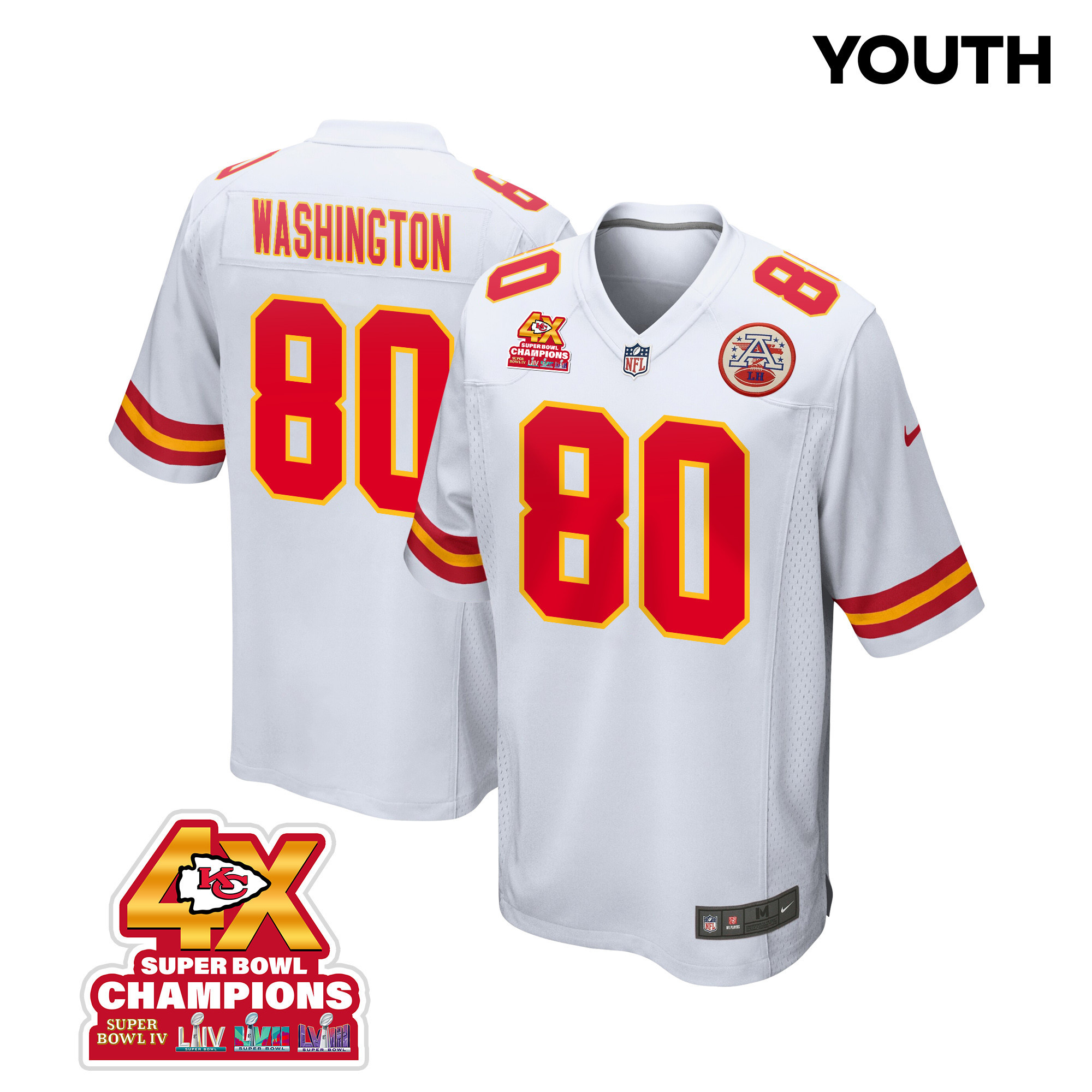 Montrell Washington 80 Kansas City Chiefs Super Bowl LVIII Champions 4X Game White NFL Jersey Youth