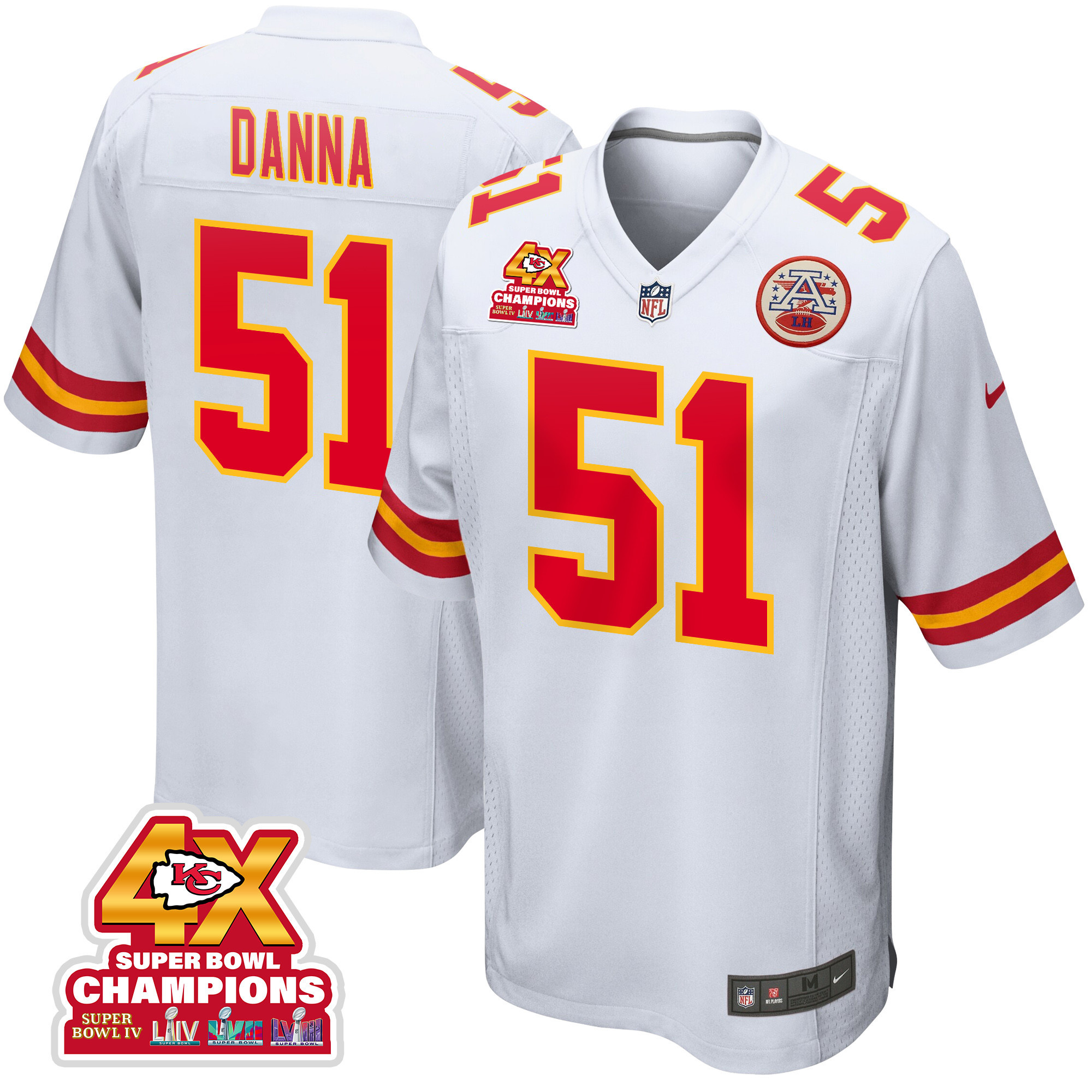 Mike Danna 51 Kansas City Chiefs Super Bowl LVIII Champions 4X Game White NFL Jersey Men's