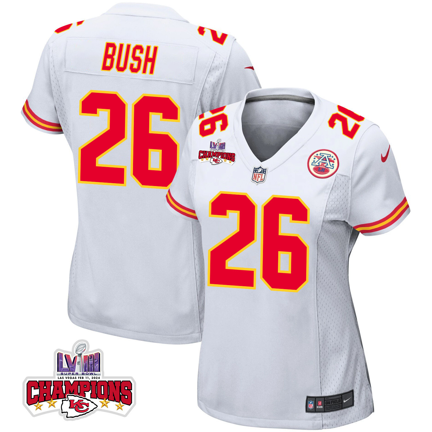 Deon Bush 26 Kansas City Chiefs Super Bowl LVIII Champions 4 Stars Patch Game White NFL Jersey Women's
