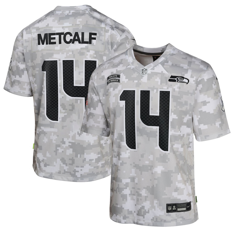 DK Metcalf 14 Seattle Seahawks 2024 Salute to Service Game Arctic Camo NFL Jersey Youth