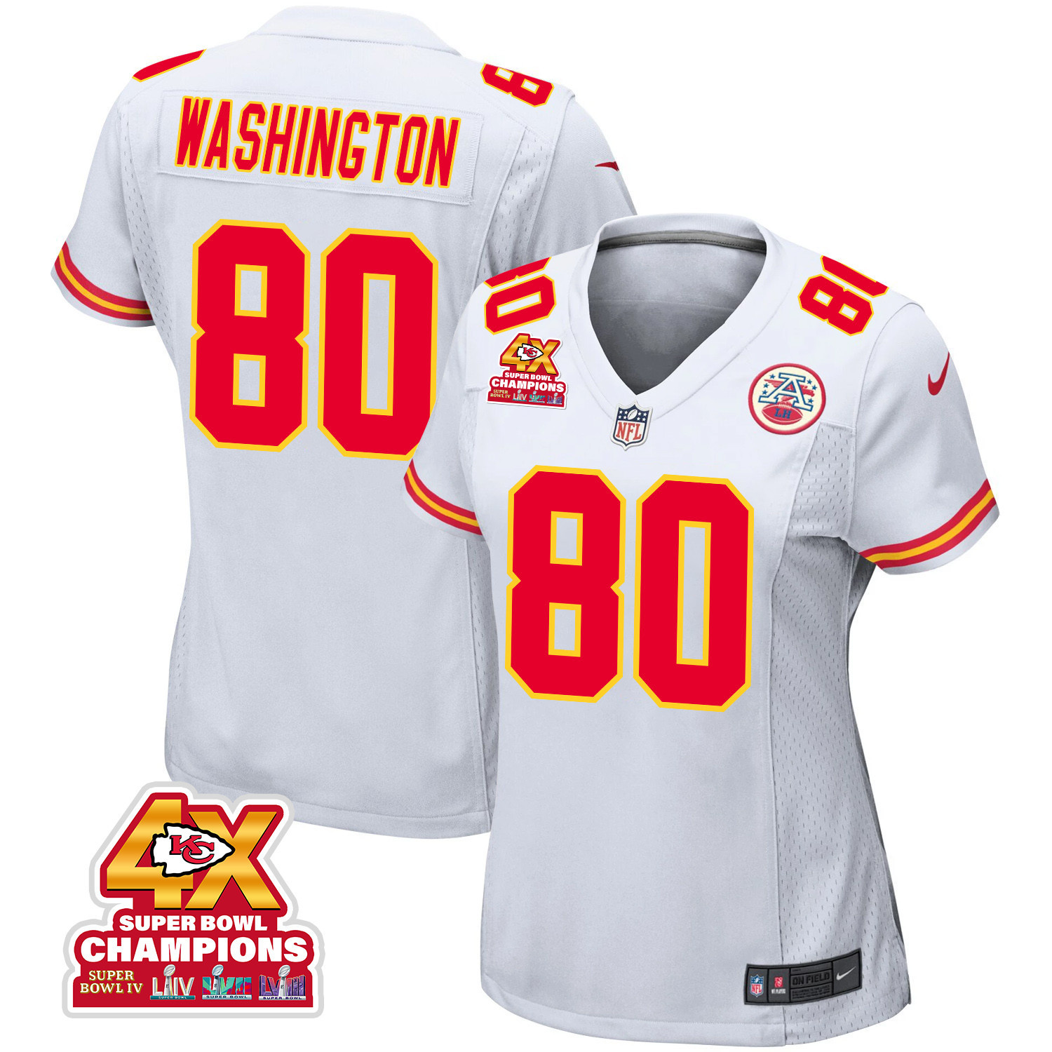 Montrell Washington 80 Kansas City Chiefs Super Bowl LVIII Champions 4X Game White NFL Jersey Women's