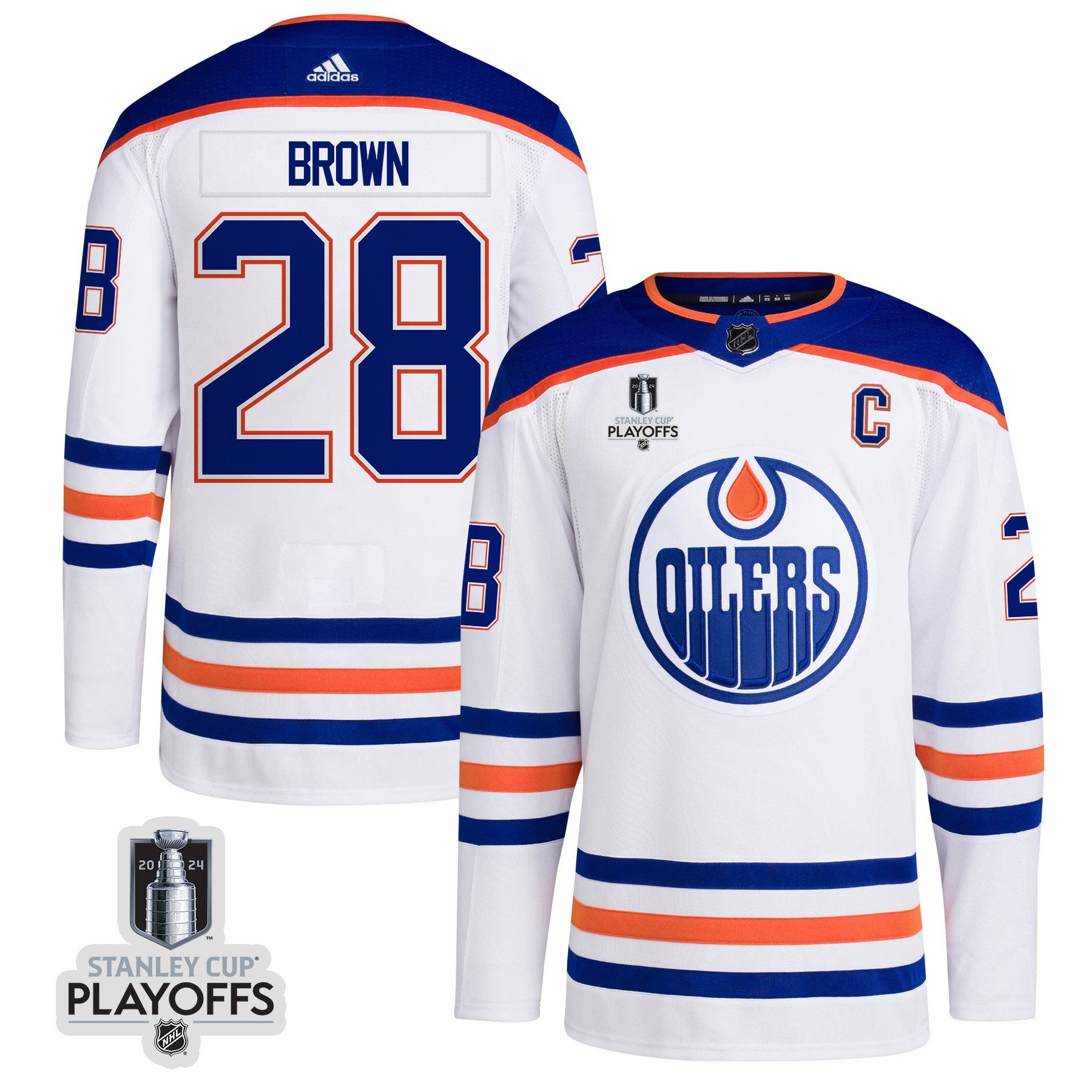 Connor Brown 28 Edmonton Oilers 2024 Playoffs Patch Away White NHL Jersey Men's