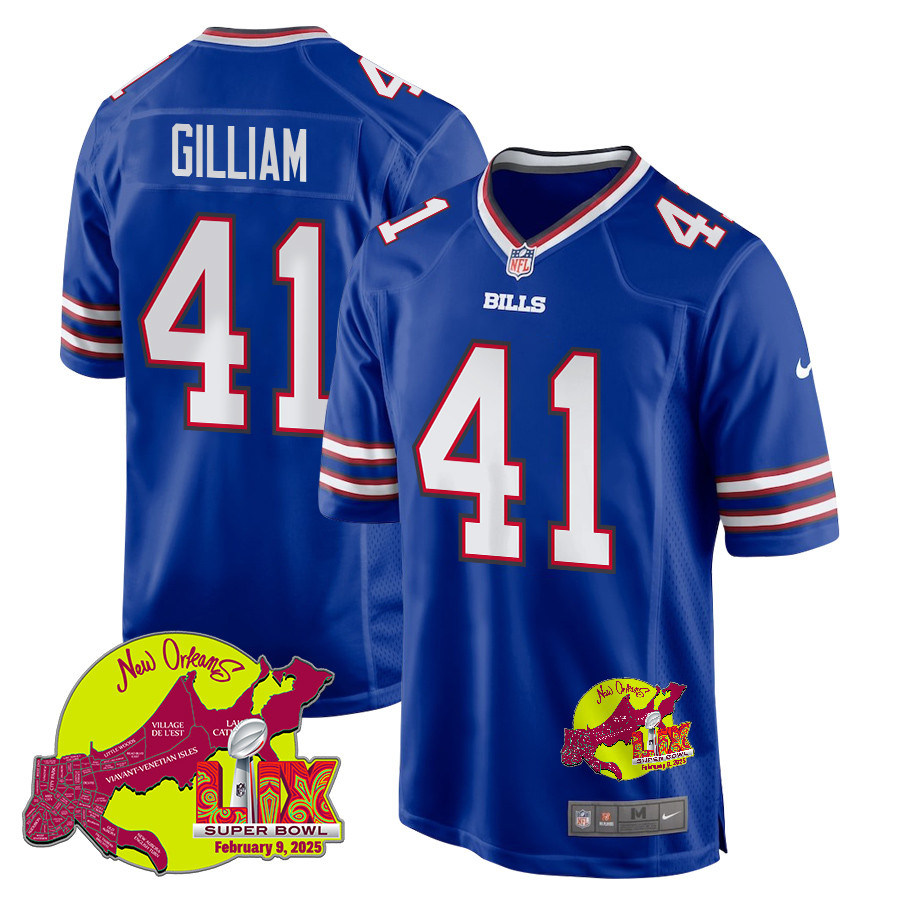 Reggie Gilliam 41 Buffalo Bills Super Bowl LIX New Orleans Patch Game Royal NFL Jersey Men's