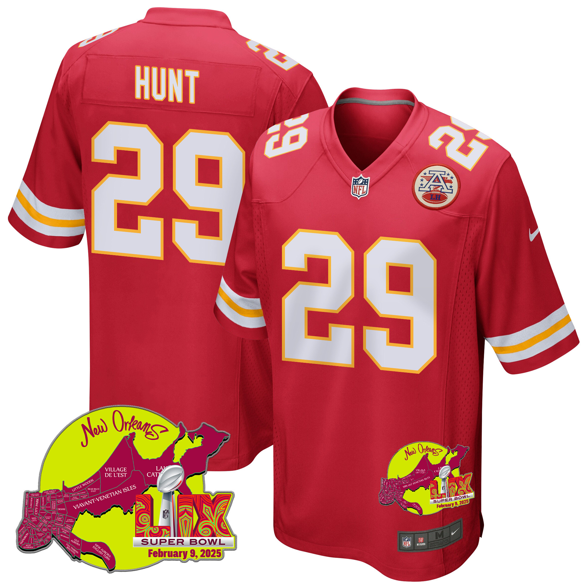 Kareem Hunt 29 Kansas City Chiefs Super Bowl LIX New Orleans Patch Game Red NFL Jersey Men's
