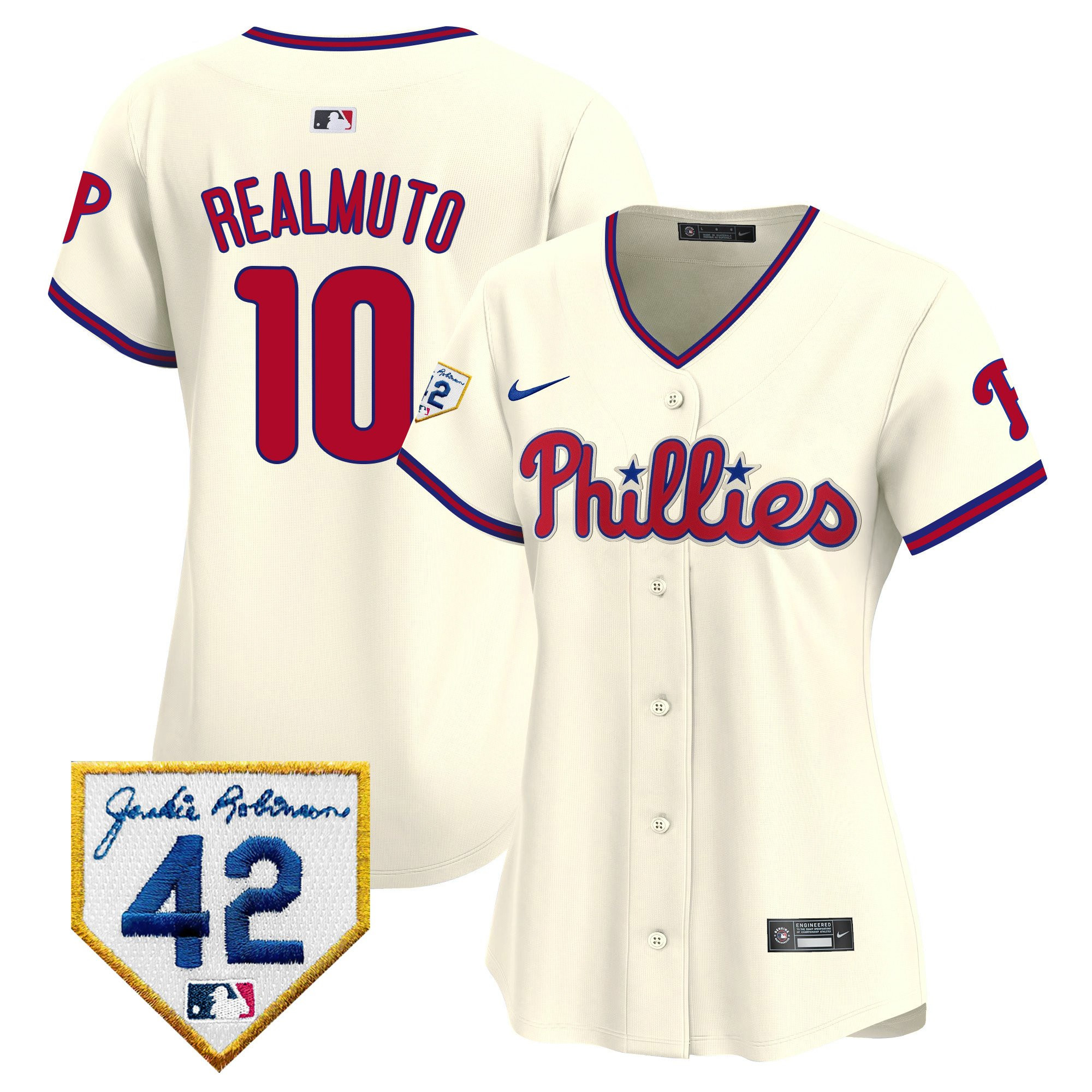 J.T. Realmuto 10 Philadelphia Phillies 2024 Jackie Robinson Patch Cream MLB Jersey Women's