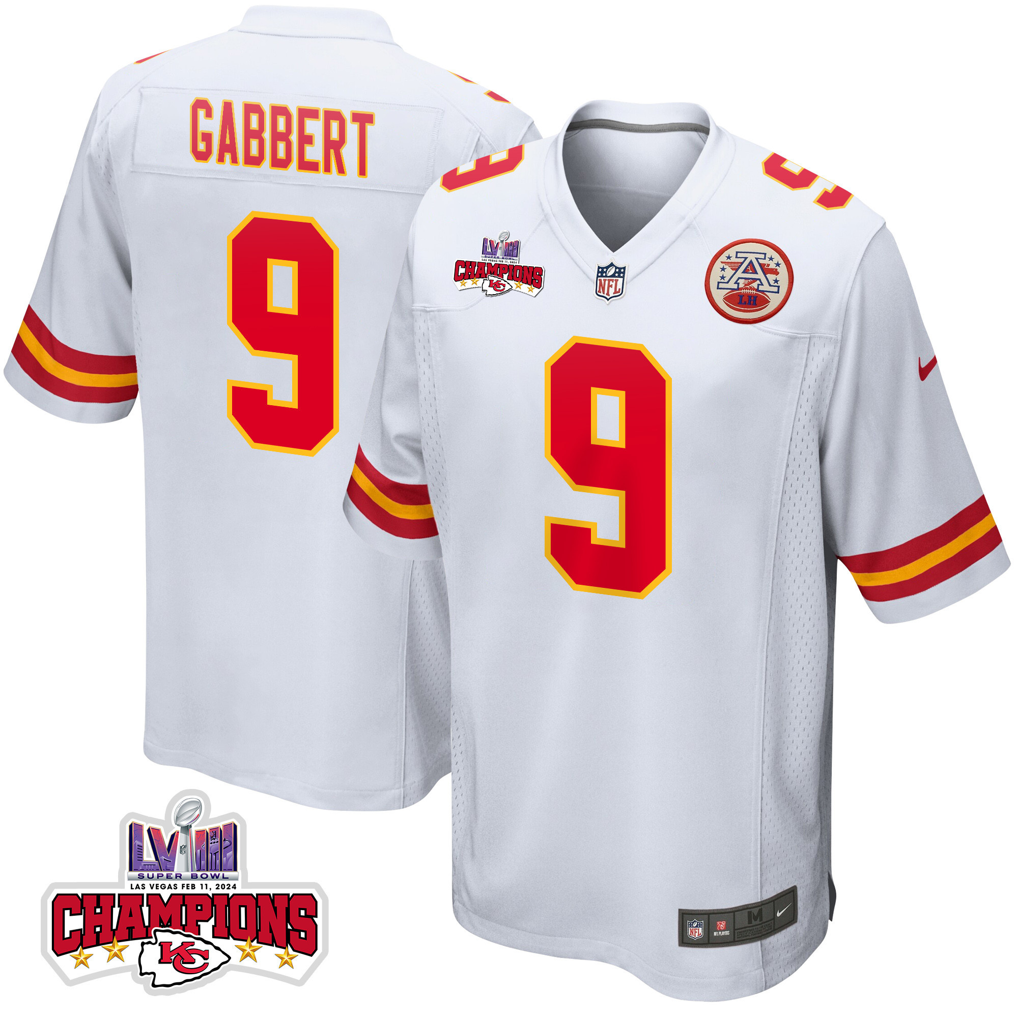 Blaine Gabbert 9 Kansas City Chiefs Super Bowl LVIII Champions 4 Stars Patch Game White NFL Jersey Men's